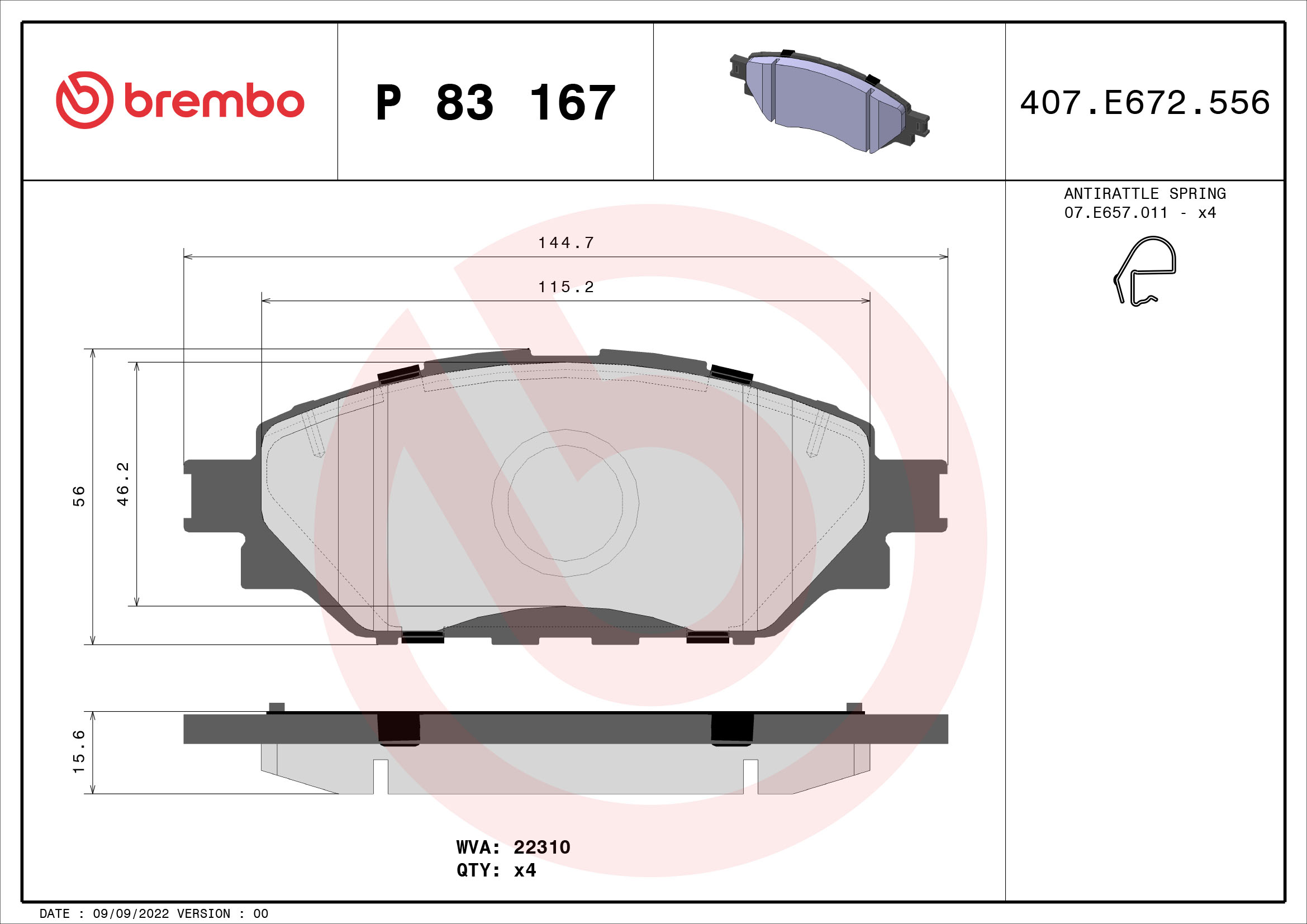Комплект тормозных колодок, дисковый тормоз - P 83 167 BREMBO