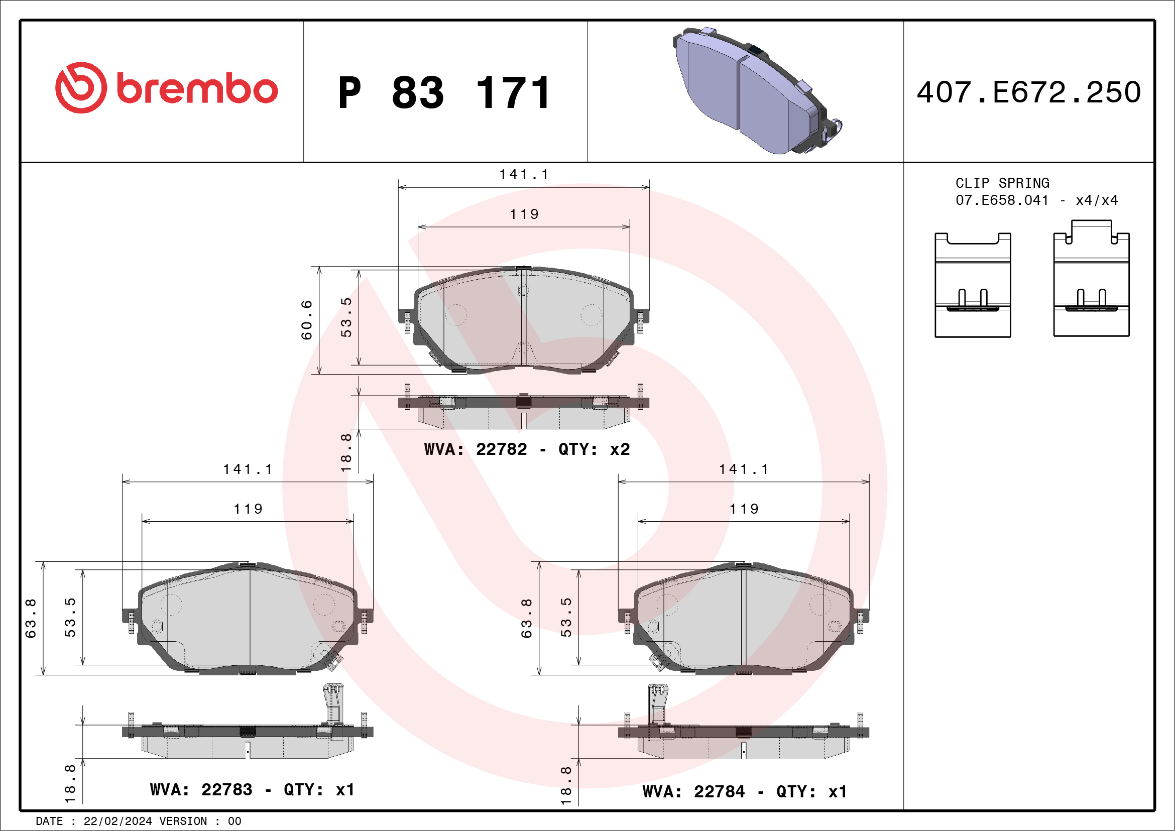 Brake Pad Set, disc brake - P 83 171 BREMBO