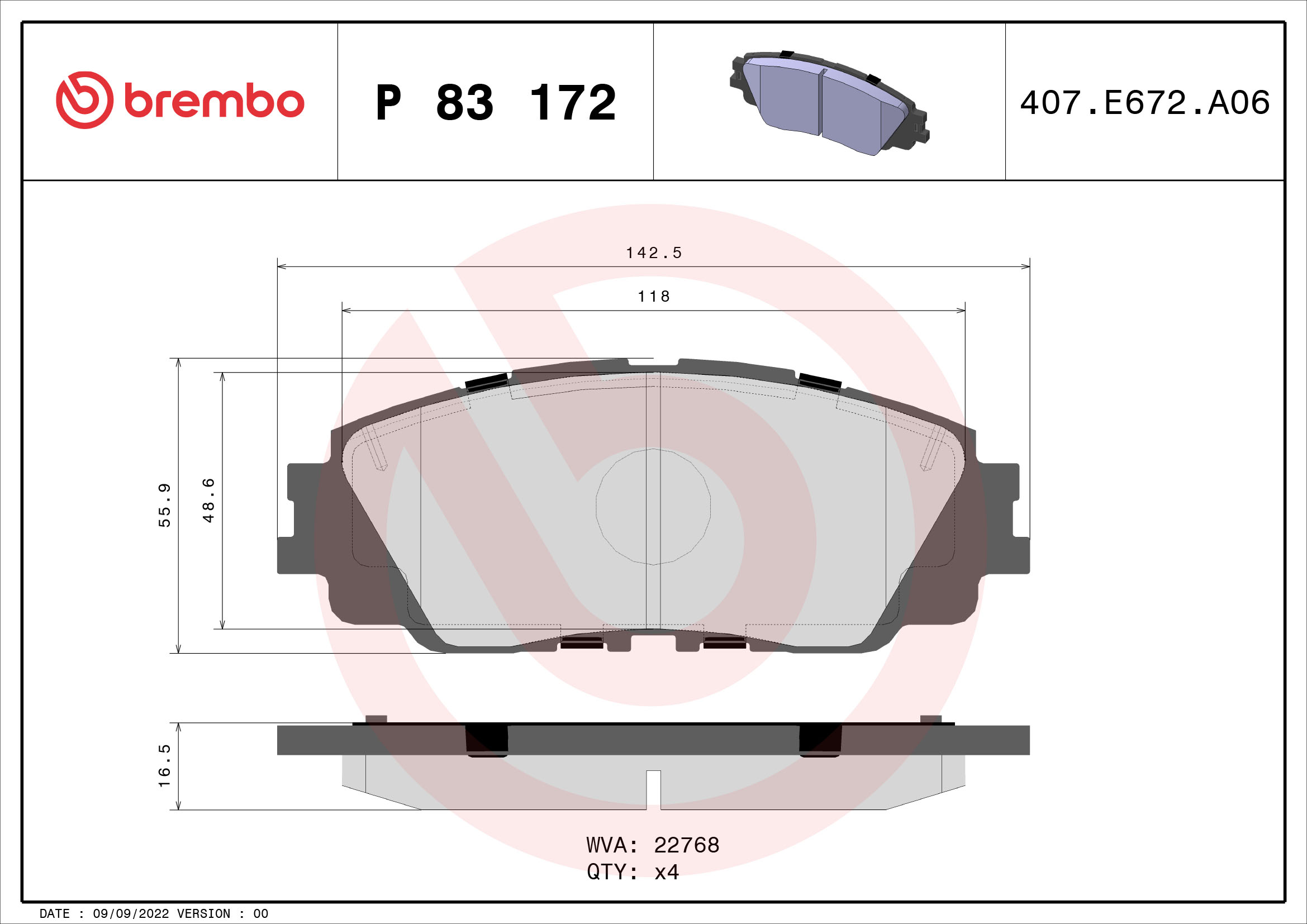 Brake Pad Set, disc brake - P 83 172 BREMBO
