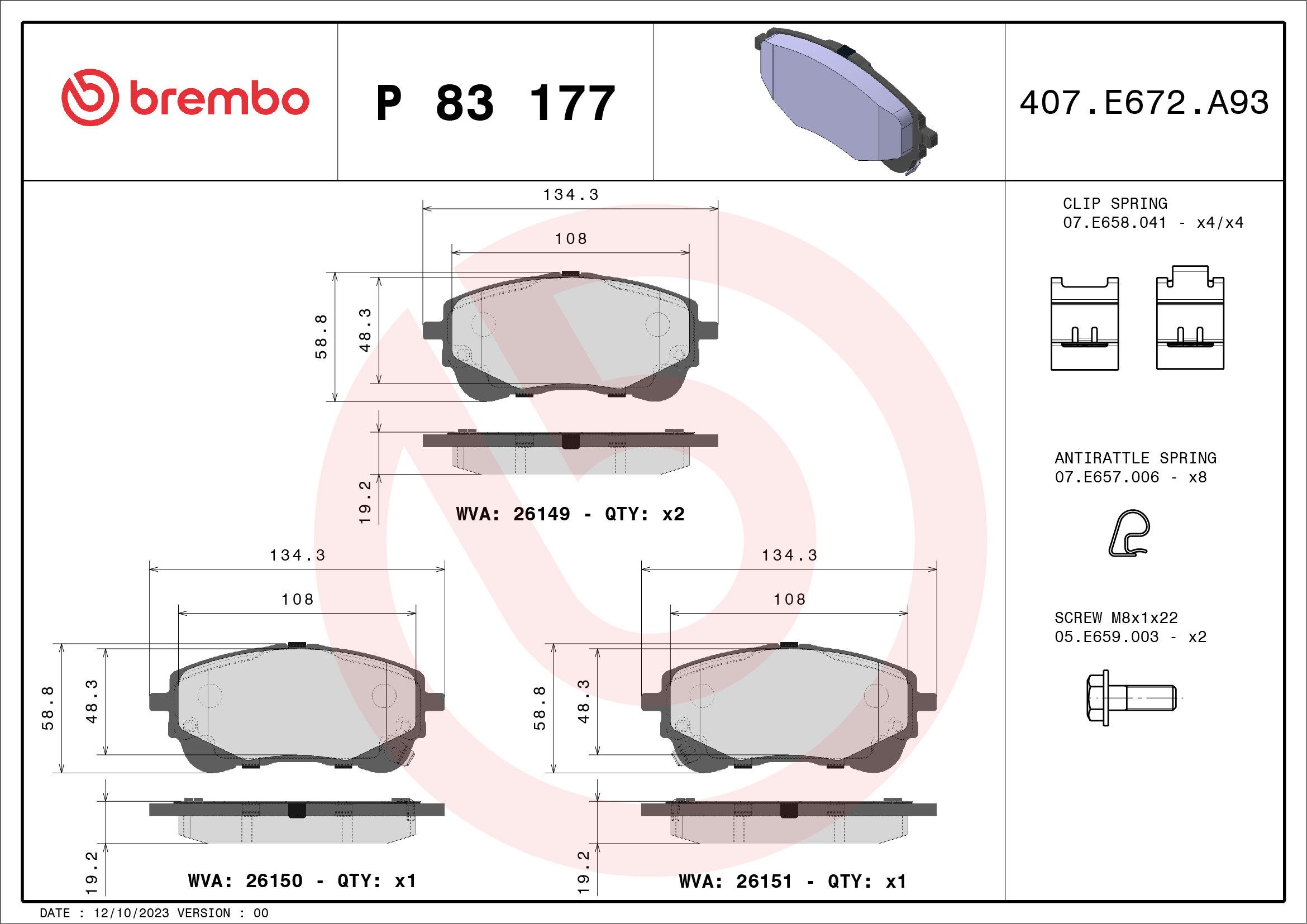 Kit pastiglie freno, Freno a disco - P 83 177 BREMBO