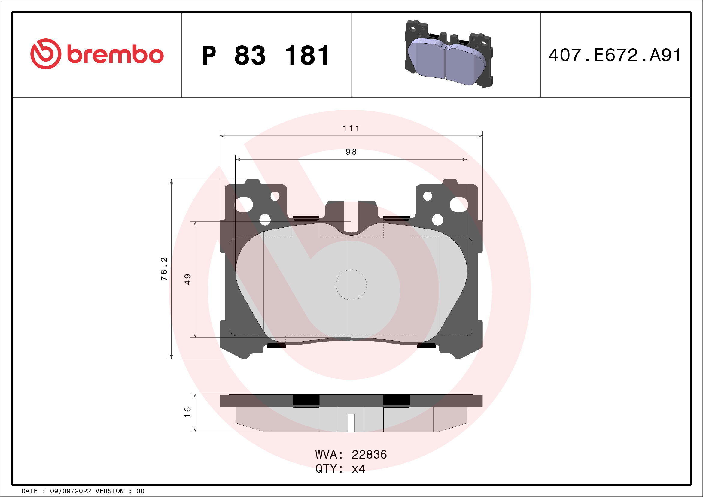 Kit pastiglie freno, Freno a disco - P 83 181 BREMBO
