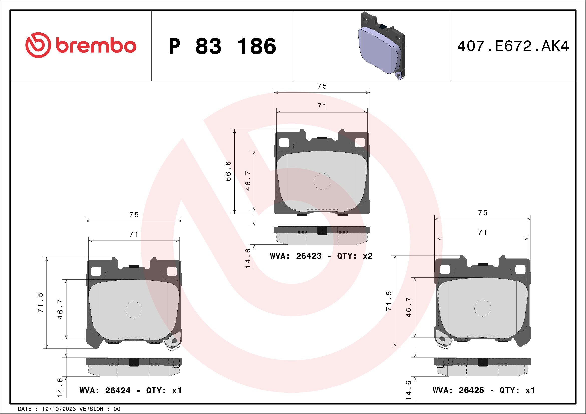 Brake Pad Set, disc brake - P 83 186 BREMBO