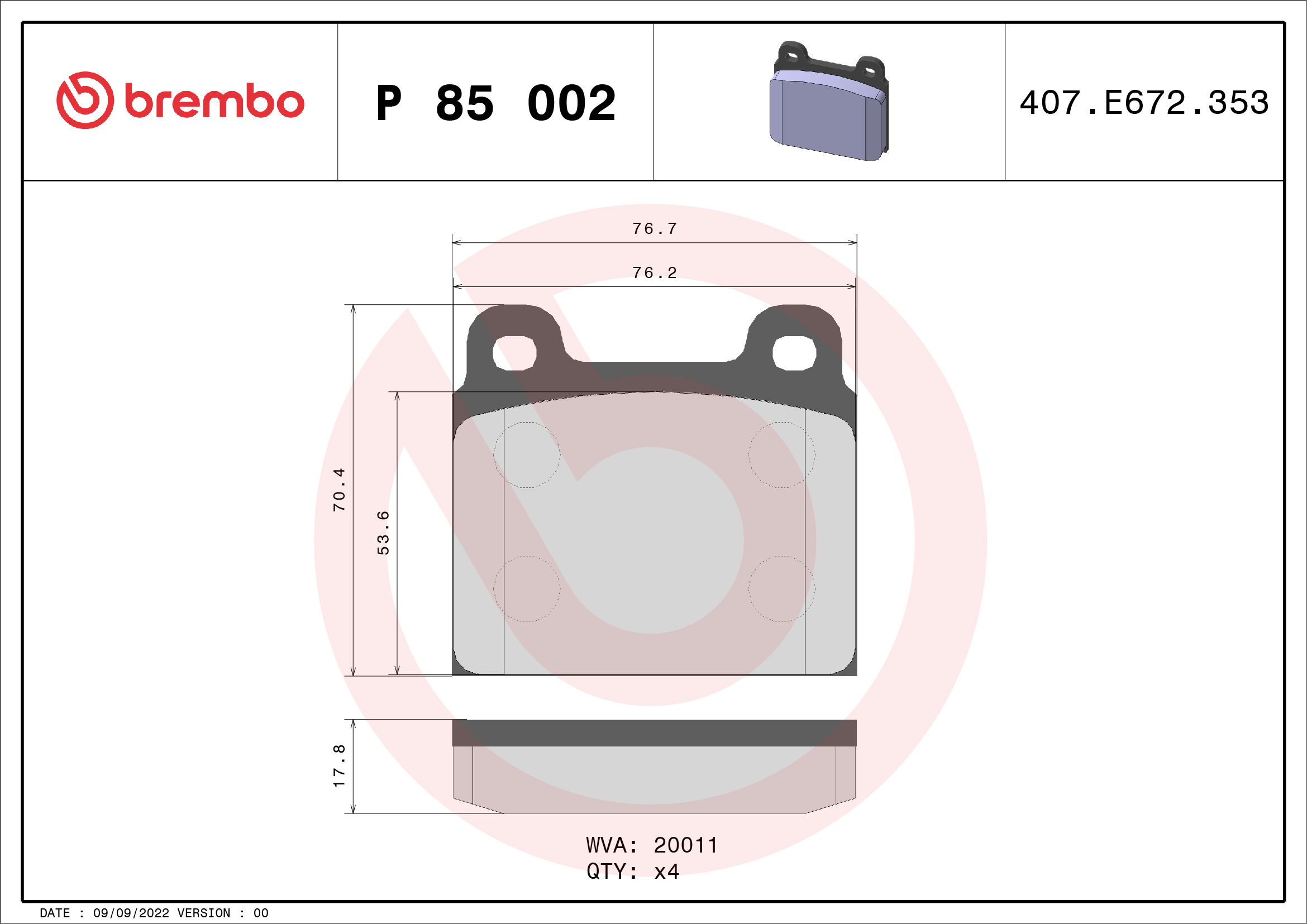 Brake Pad Set, disc brake - P 85 002 BREMBO