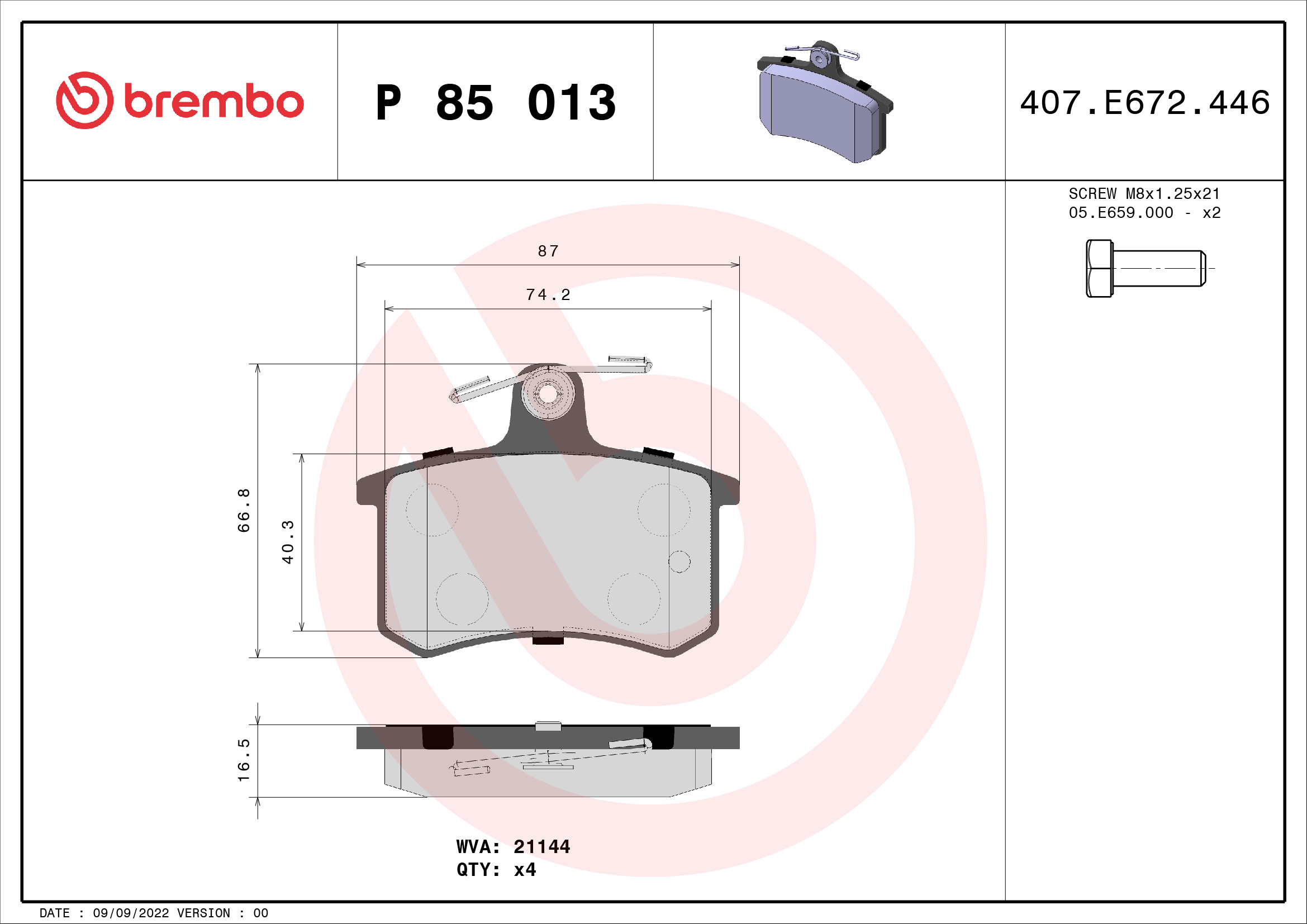 Комплект тормозных колодок, дисковый тормоз - P 85 013 BREMBO