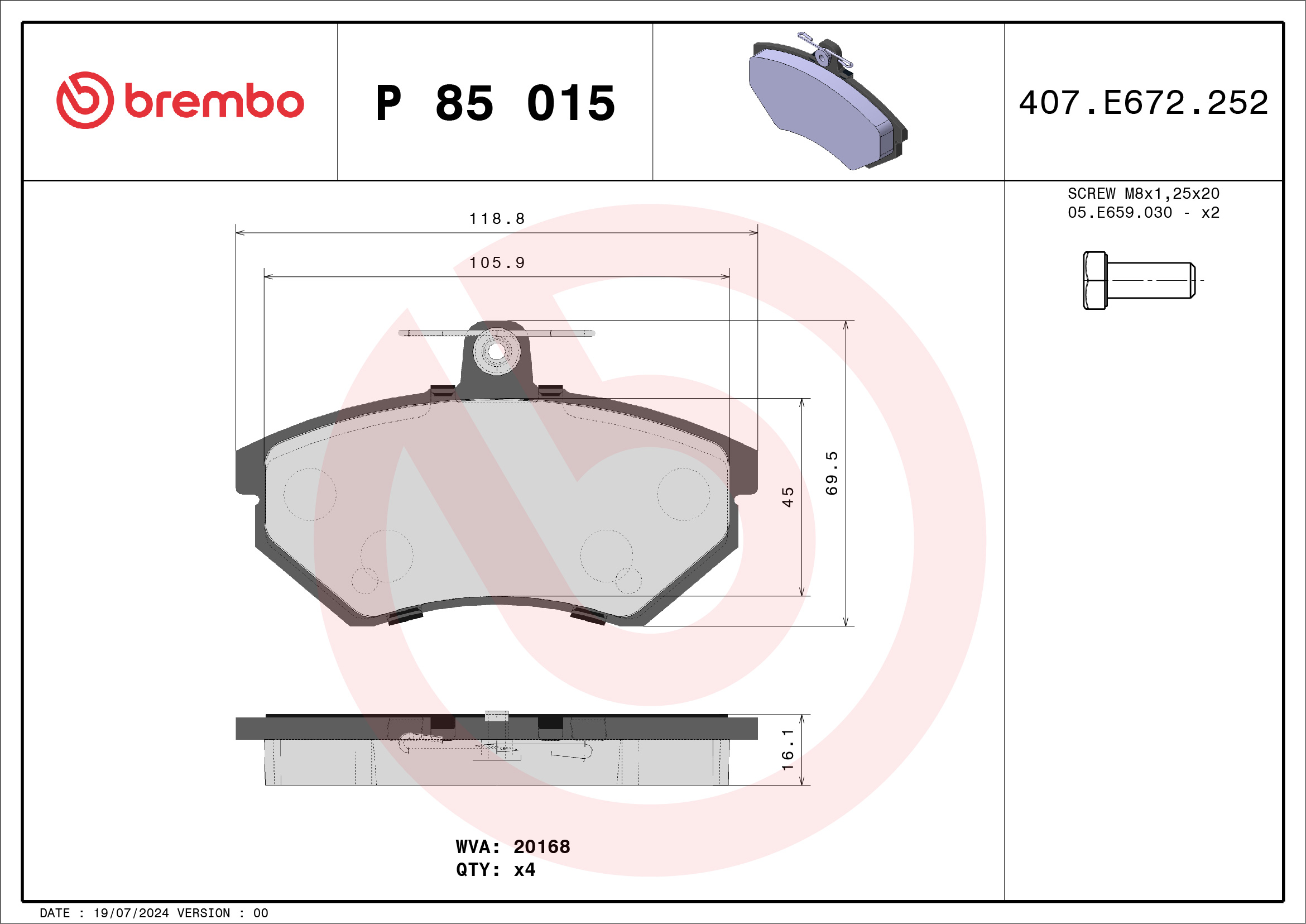 Brake Pad Set, disc brake - P 85 015 BREMBO