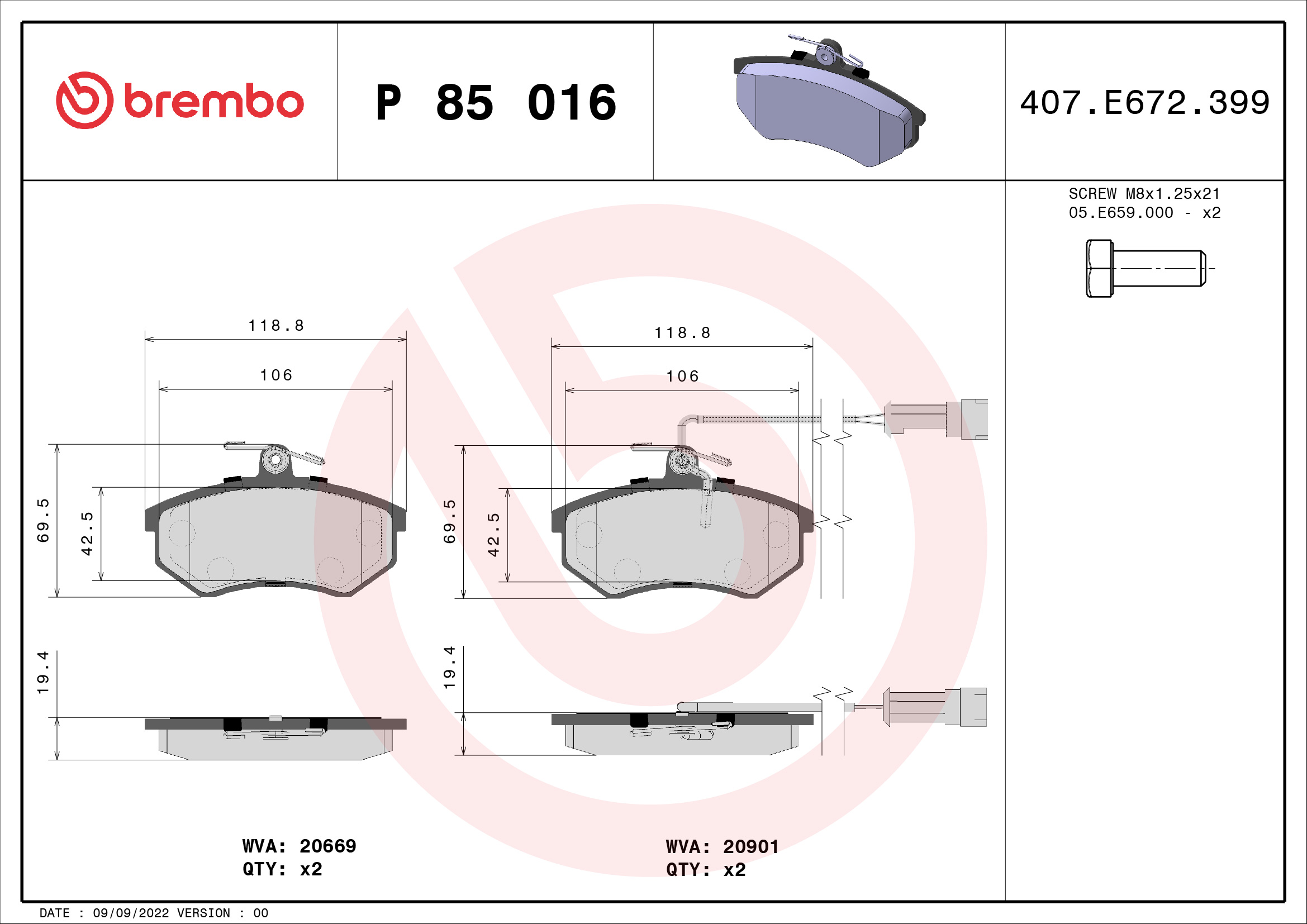 Bremsbelagsatz, Scheibenbremse - P 85 016 BREMBO