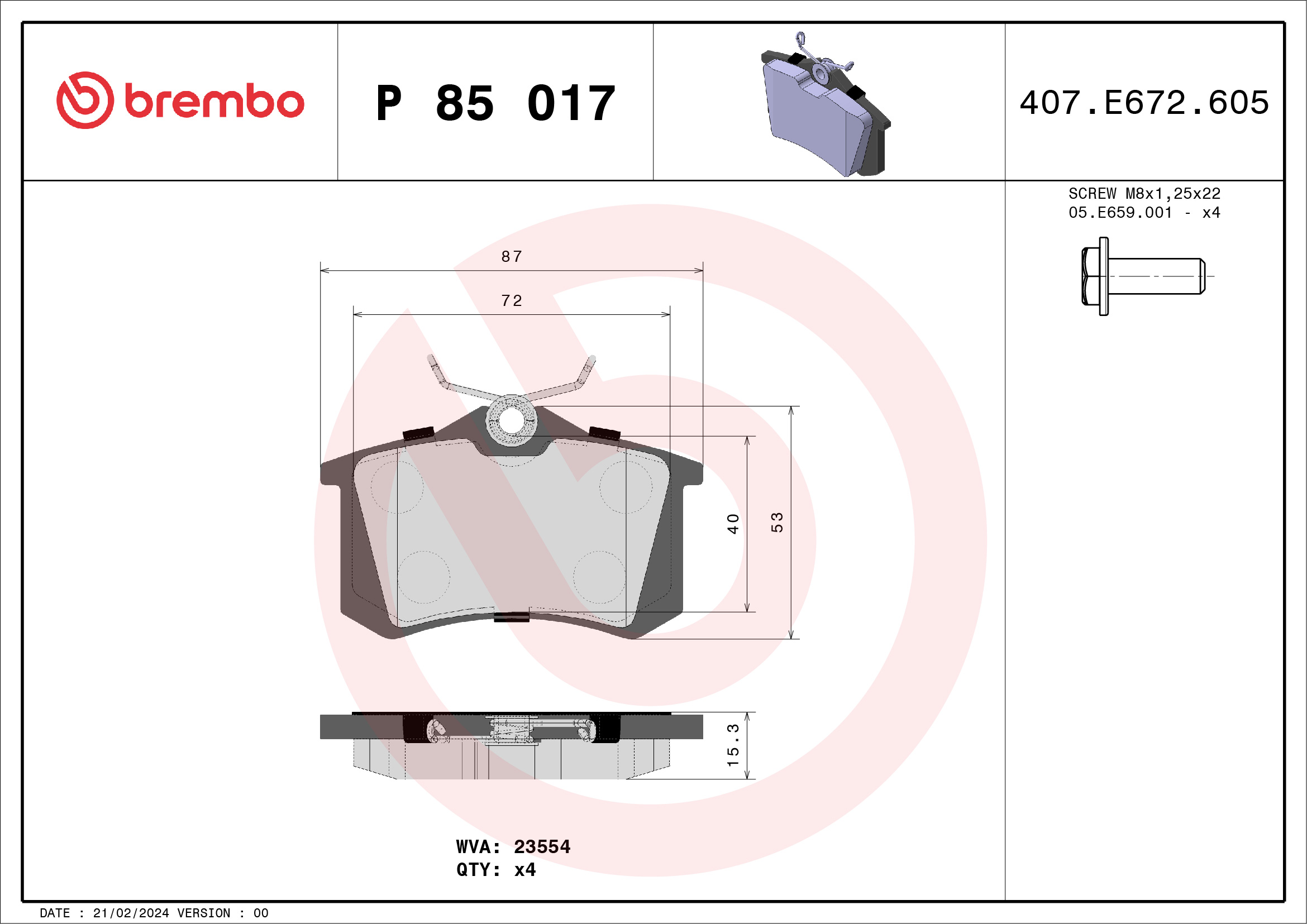 Kit pastiglie freno, Freno a disco - P 85 017 BREMBO