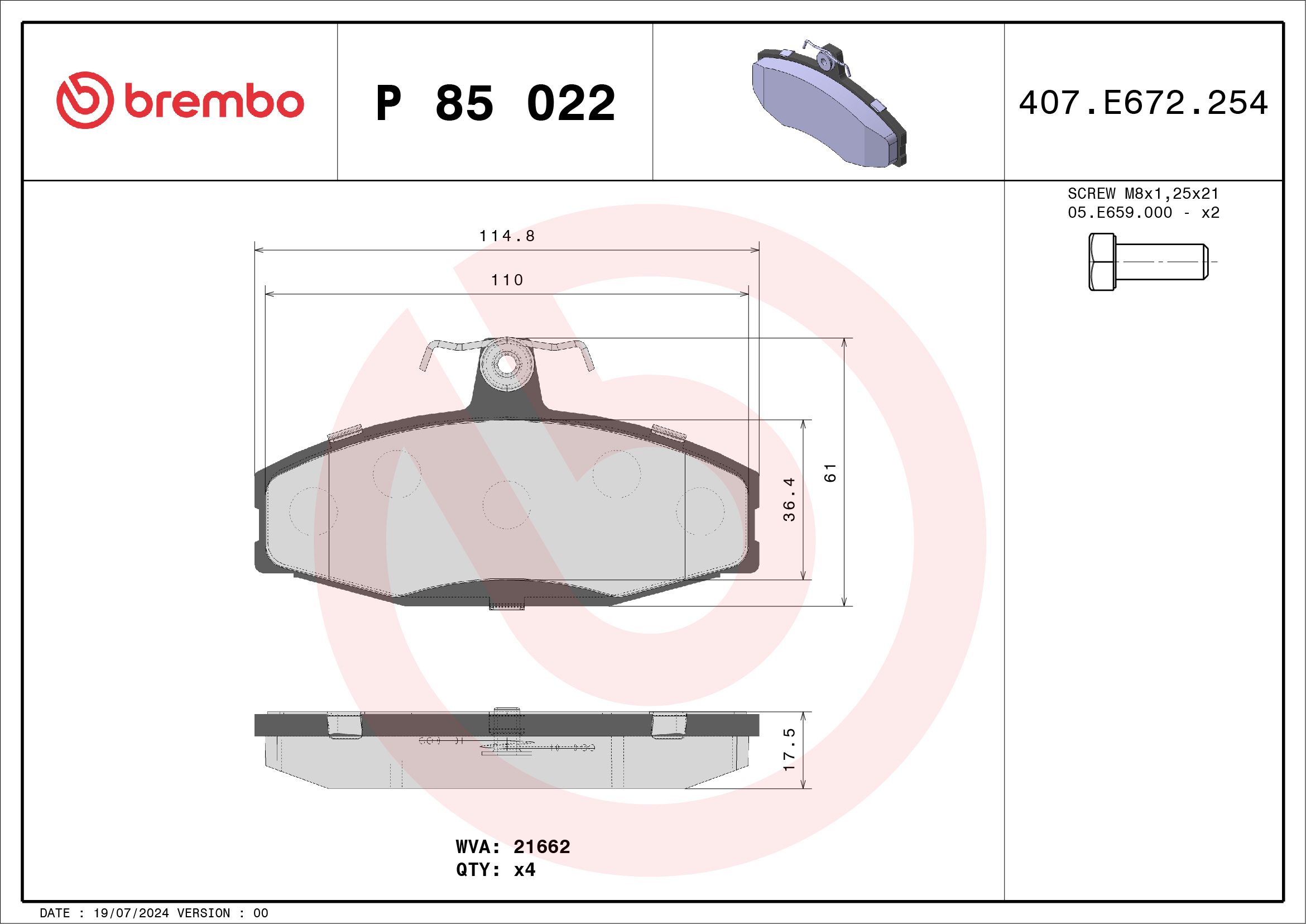 Brake Pad Set, disc brake - P 85 022 BREMBO