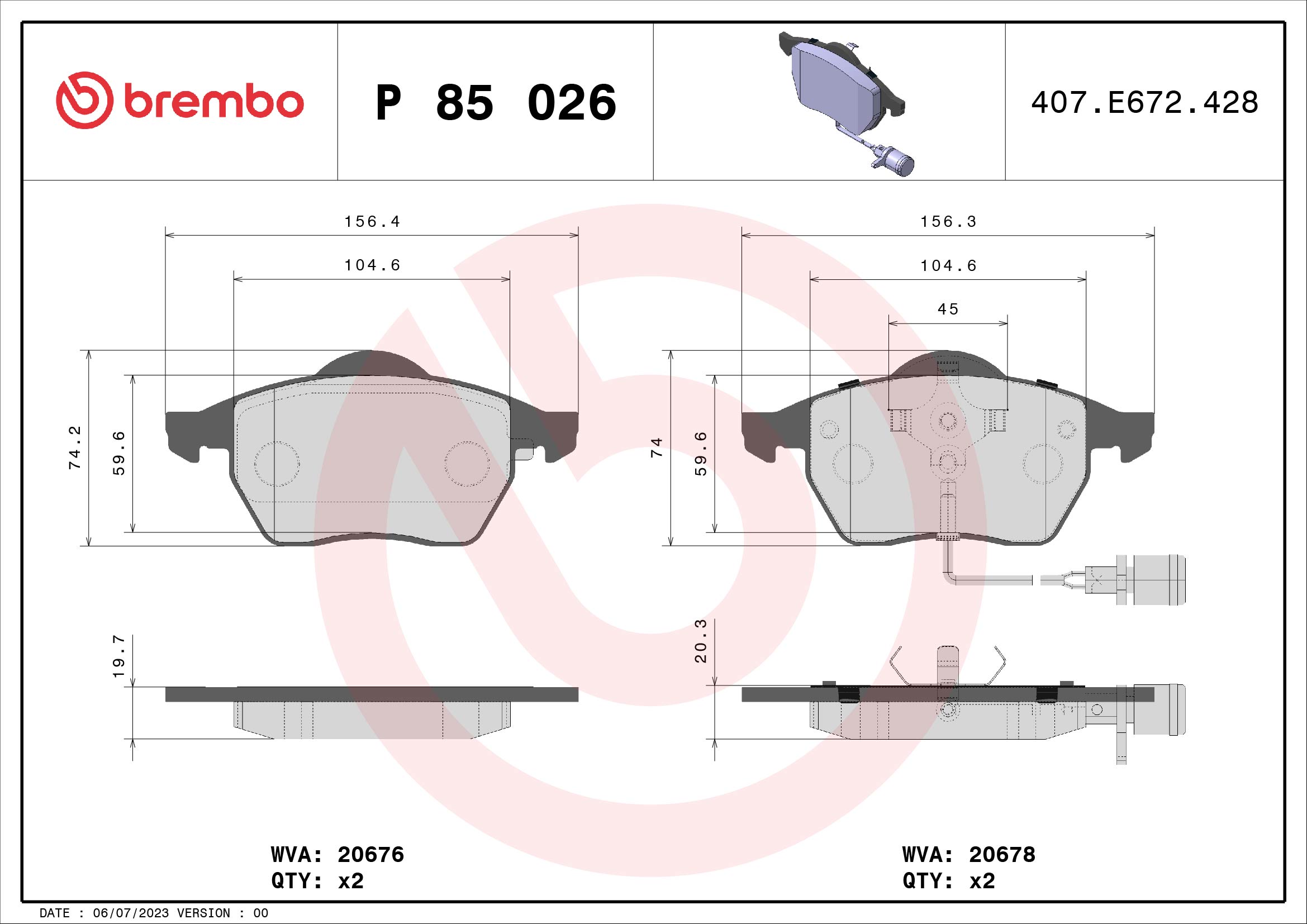 Brake Pad Set, disc brake - P 85 026 BREMBO