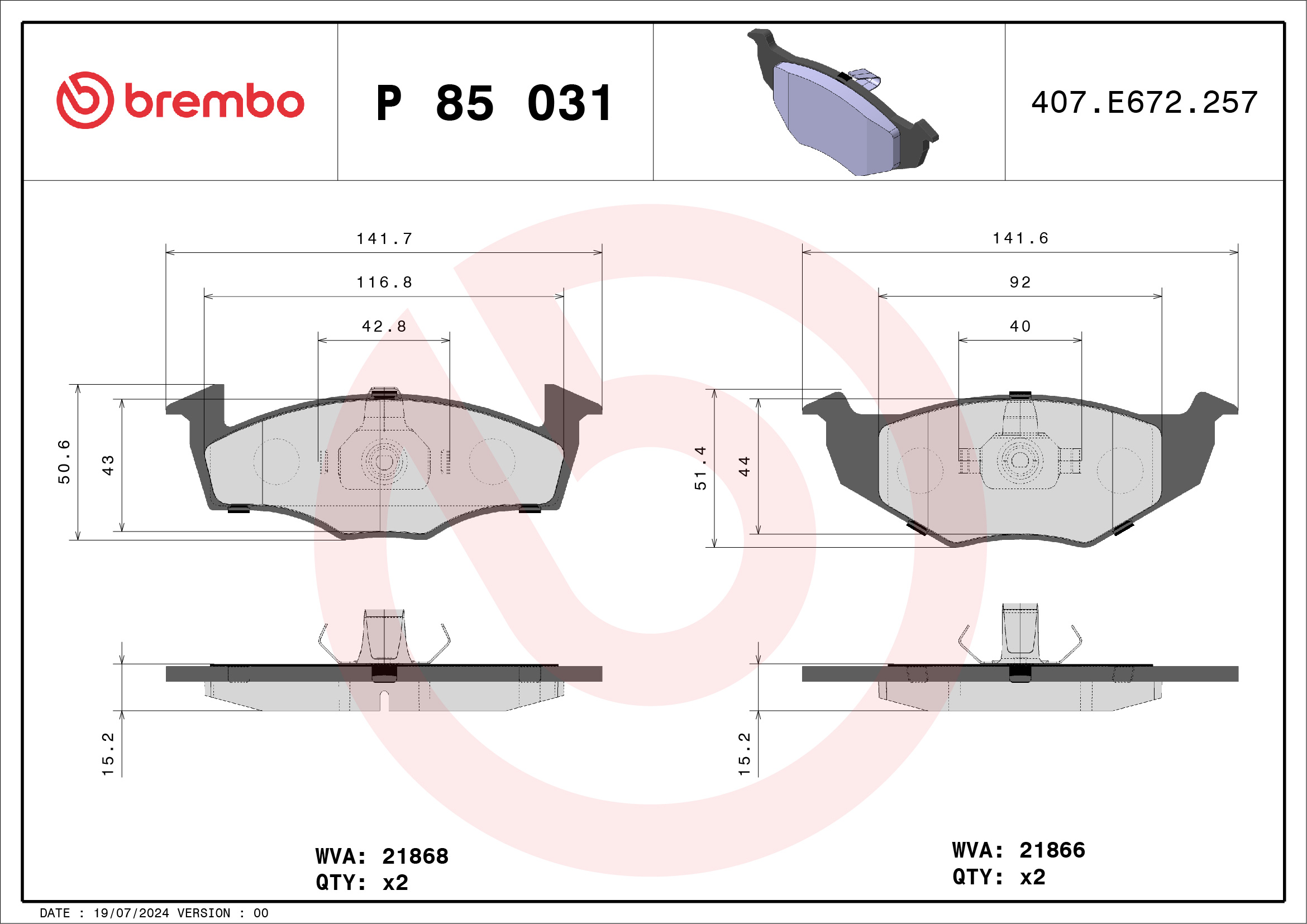 Kit pastiglie freno, Freno a disco - P 85 031 BREMBO