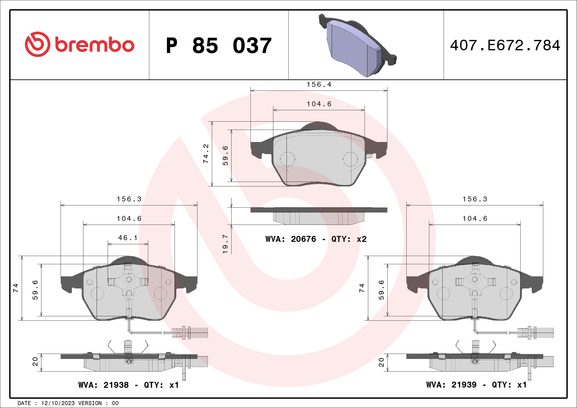 stabdžių trinkelių rinkinys, diskinis stabdys - P 85 037X BREMBO