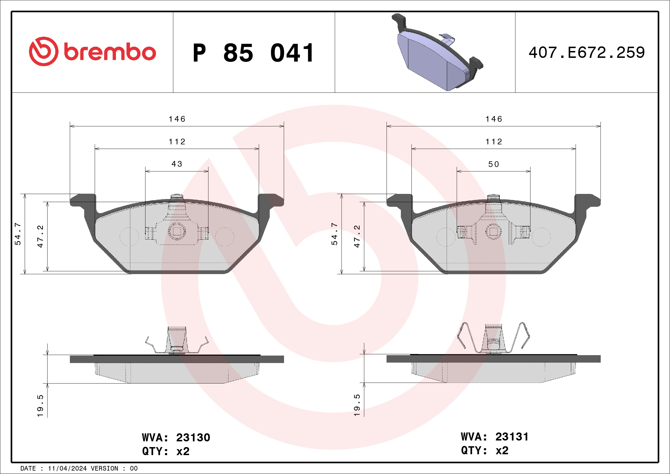 Kit pastiglie freno, Freno a disco - P 85 041 BREMBO