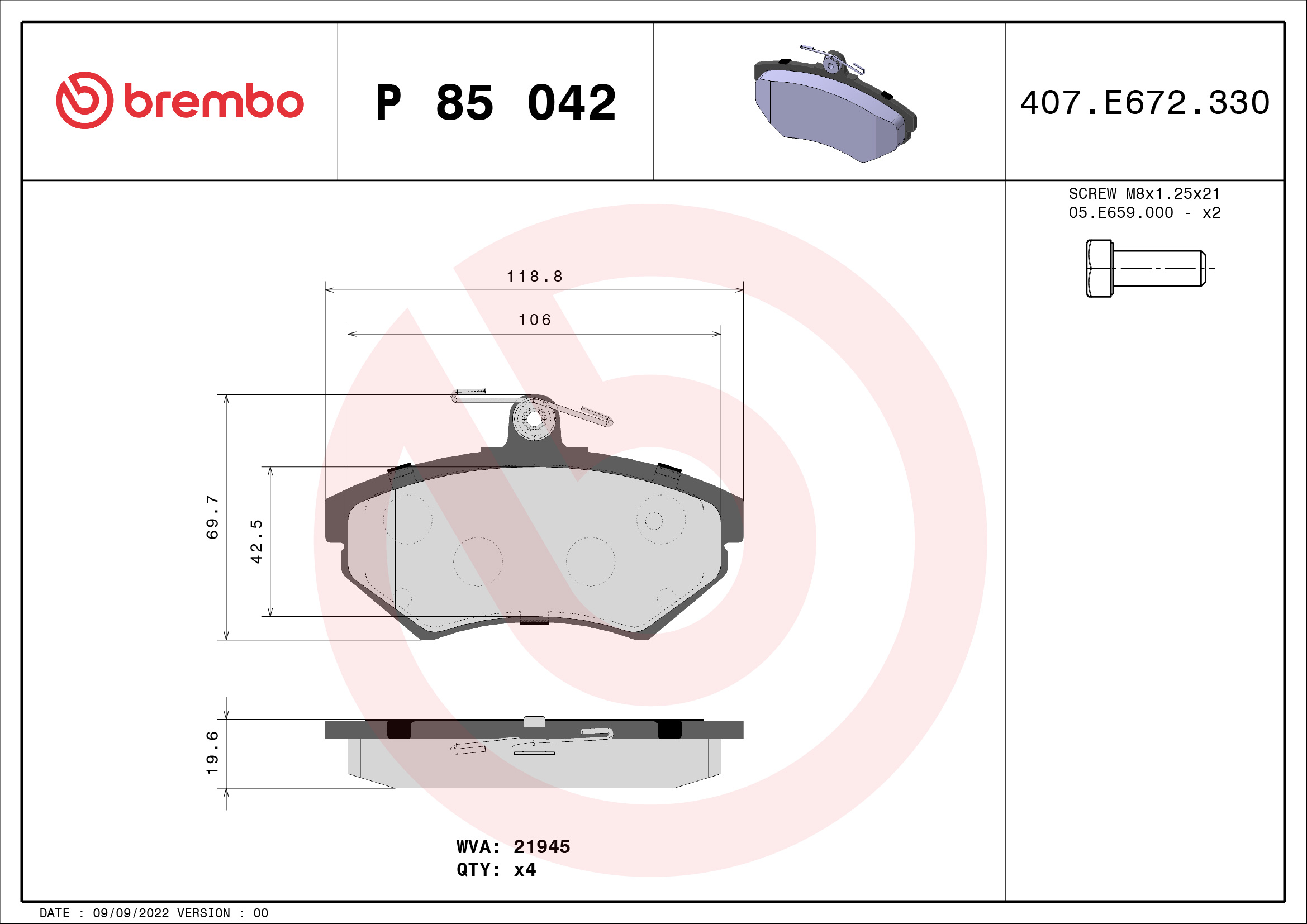 Kit pastiglie freno, Freno a disco - P 85 042 BREMBO
