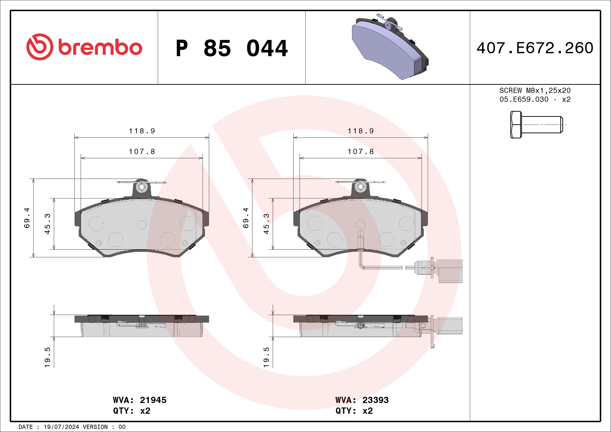 Kit pastiglie freno, Freno a disco - P 85 044 BREMBO