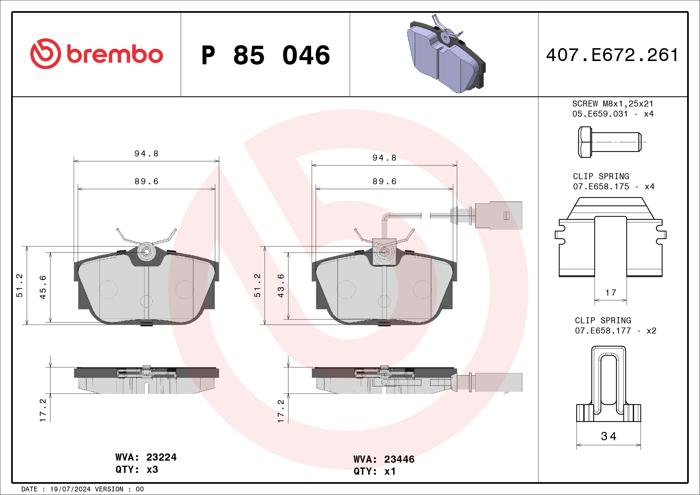 Brake Pad Set, disc brake - P 85 046 BREMBO