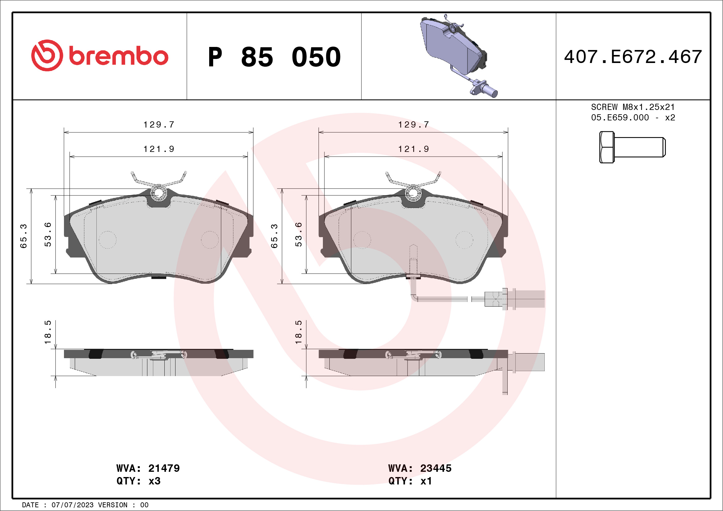Brake Pad Set, disc brake - P 85 050 BREMBO