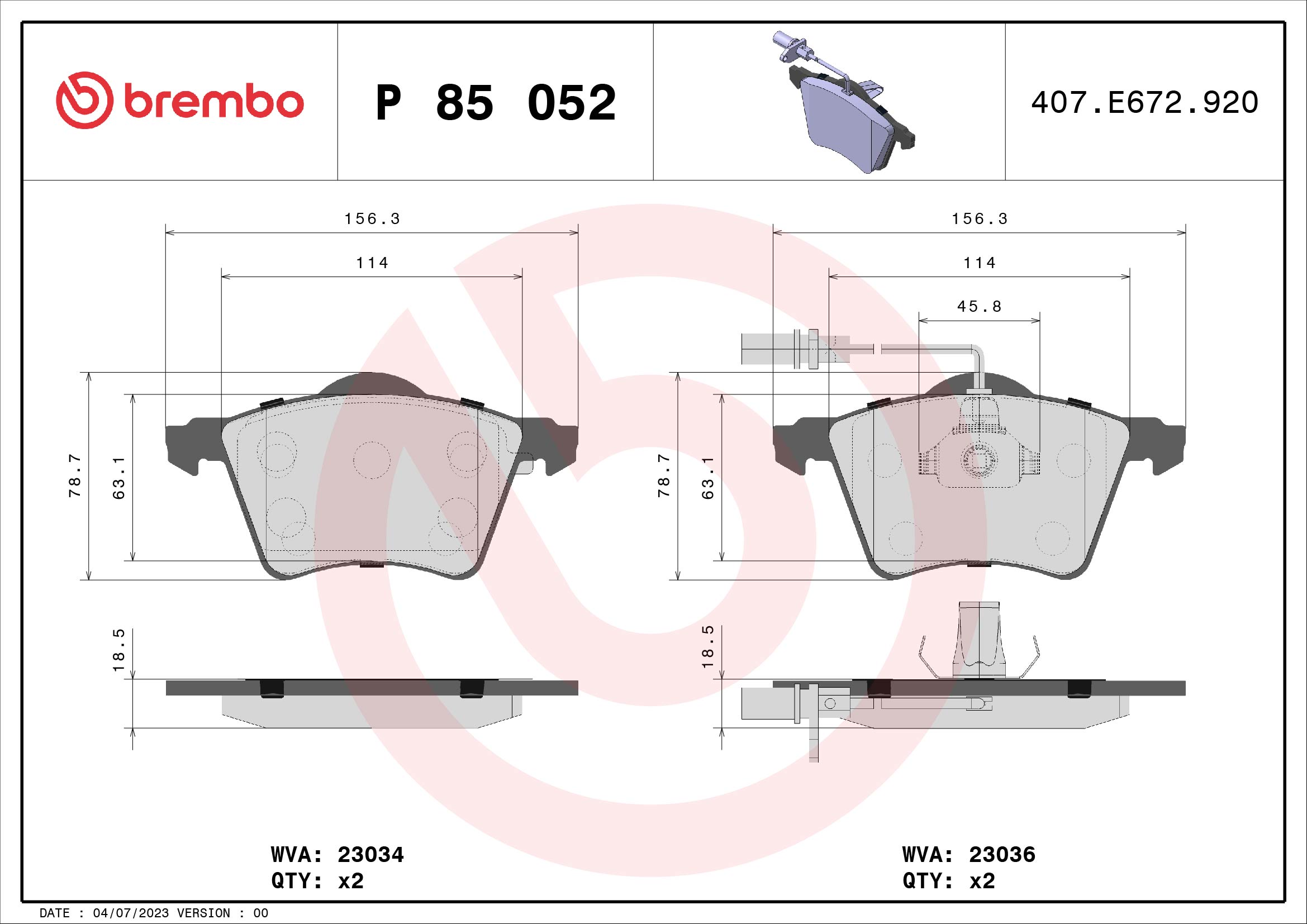 Комплект тормозных колодок, дисковый тормоз - P 85 052 BREMBO