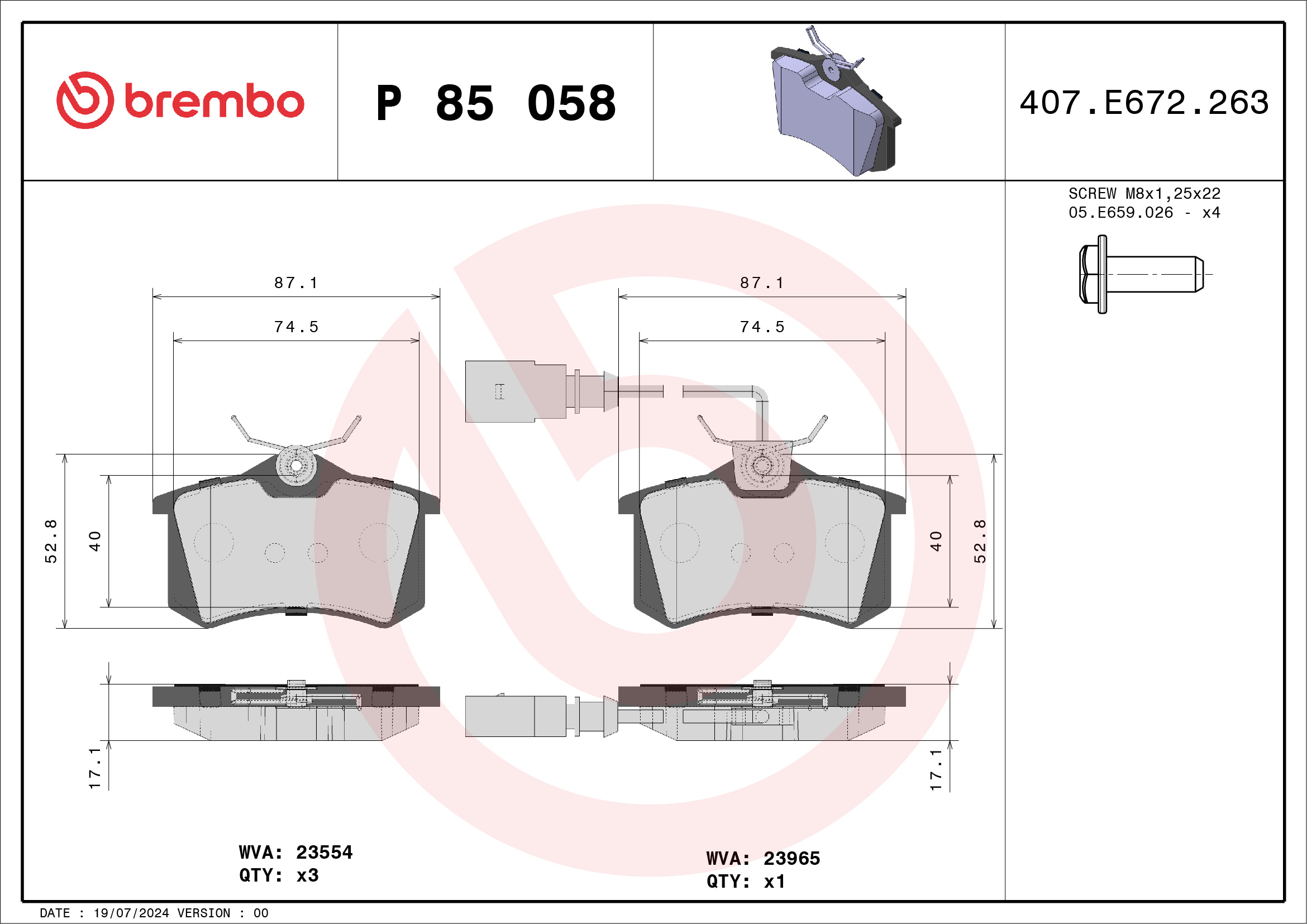 Brake Pad Set, disc brake - P 85 058 BREMBO