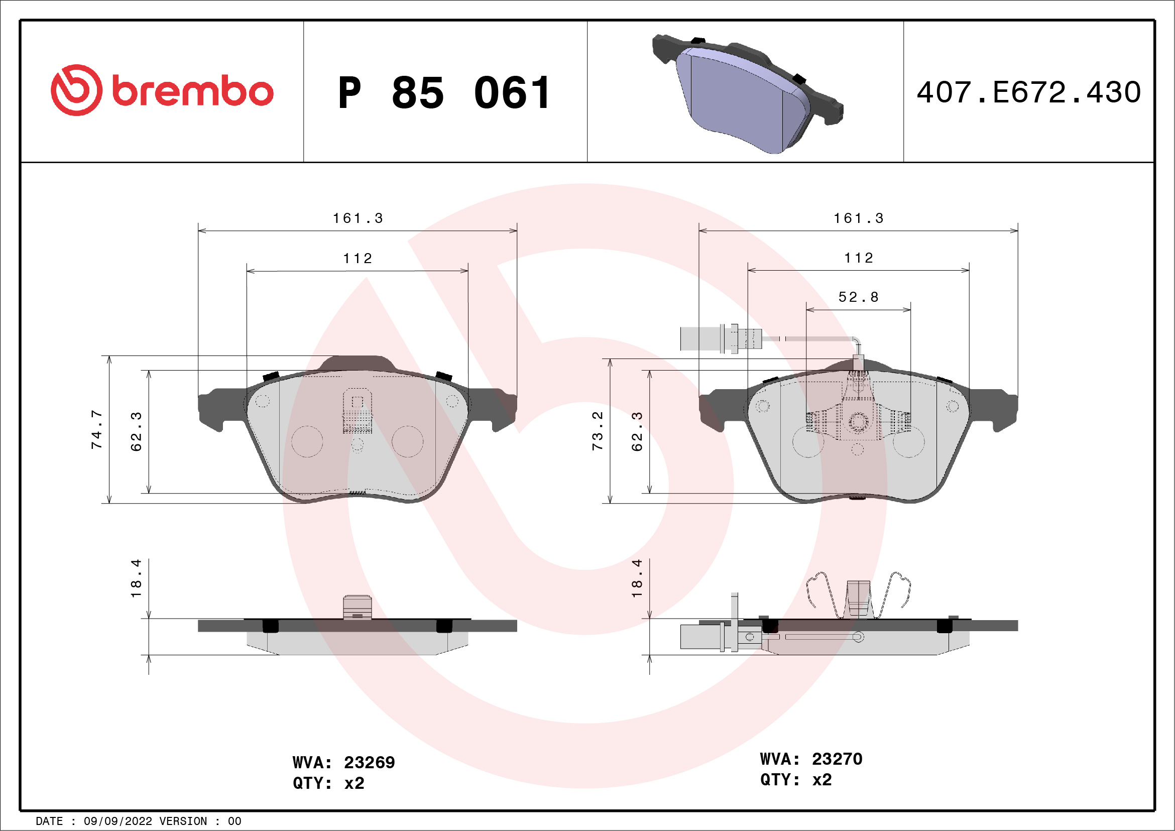 Brake Pad Set, disc brake - P 85 061 BREMBO
