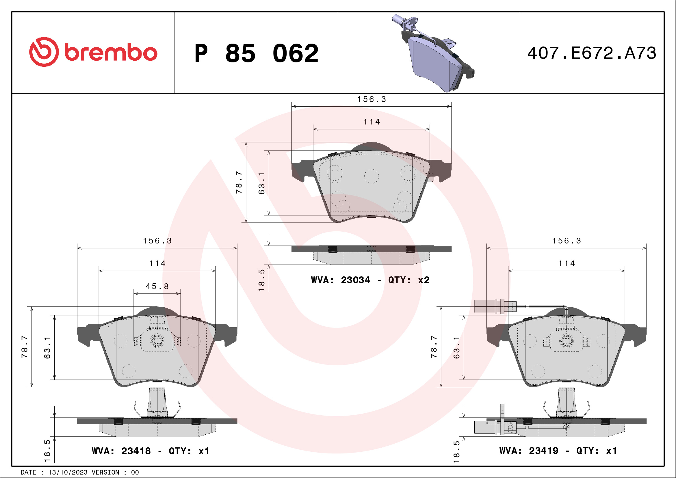 Brake Pad Set, disc brake - P 85 062 BREMBO