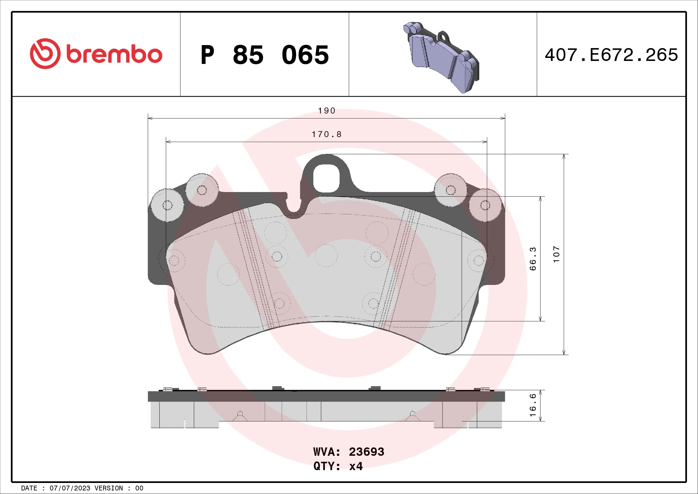 Brake Pad Set, disc brake - P 85 065 BREMBO