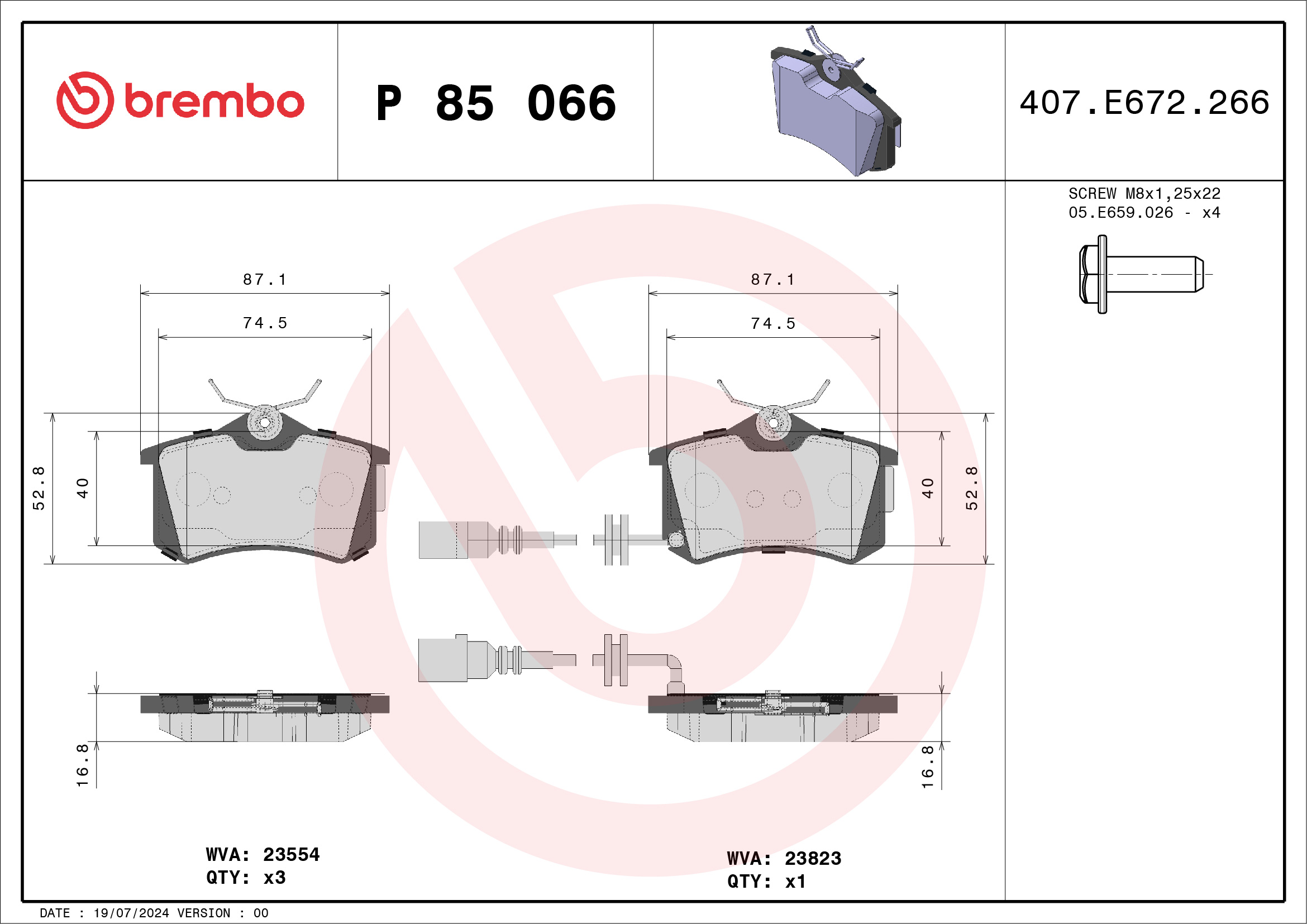 Brake Pad Set, disc brake - P 85 066 BREMBO