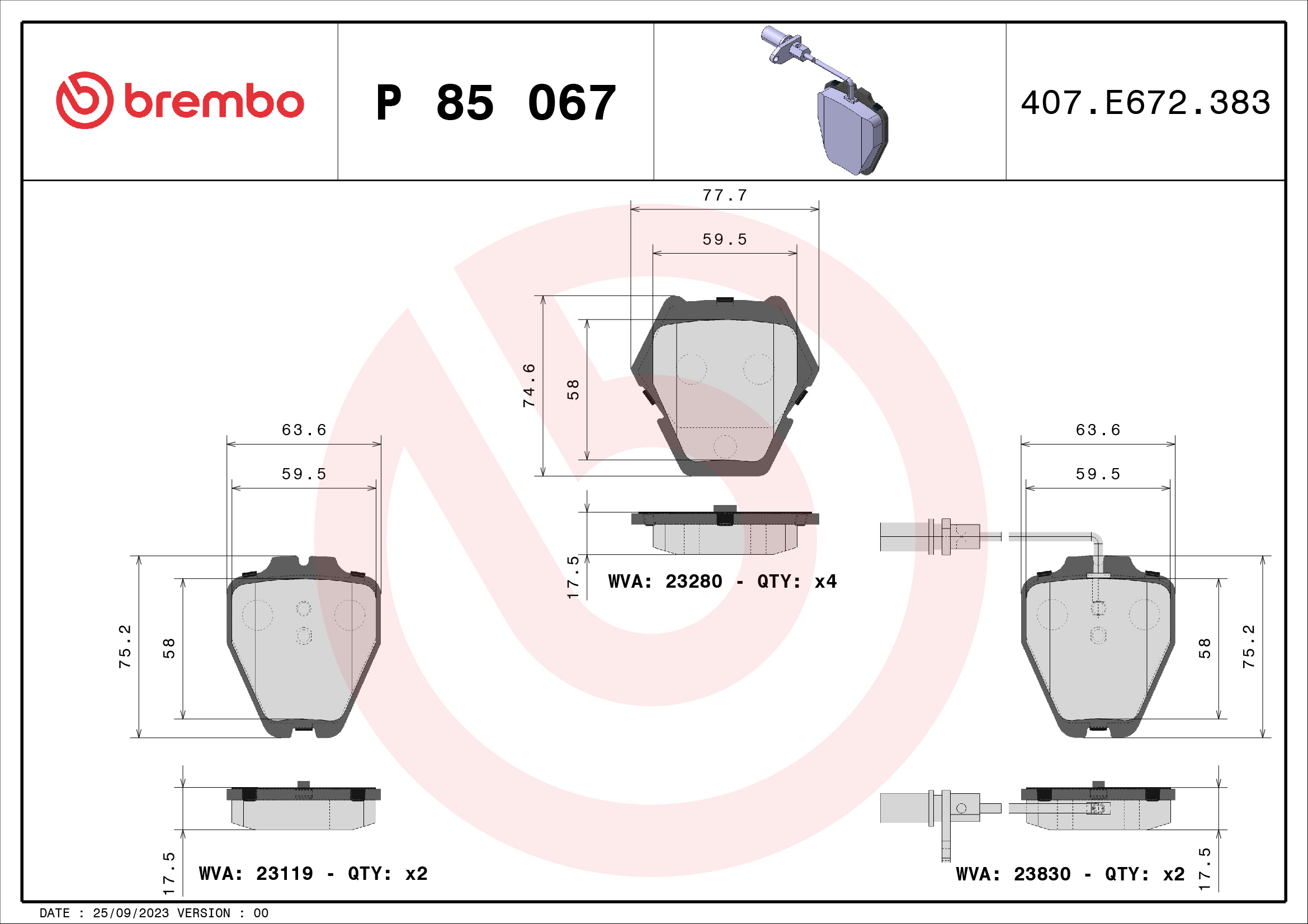 Комплект тормозных колодок, дисковый тормоз - P 85 067 BREMBO