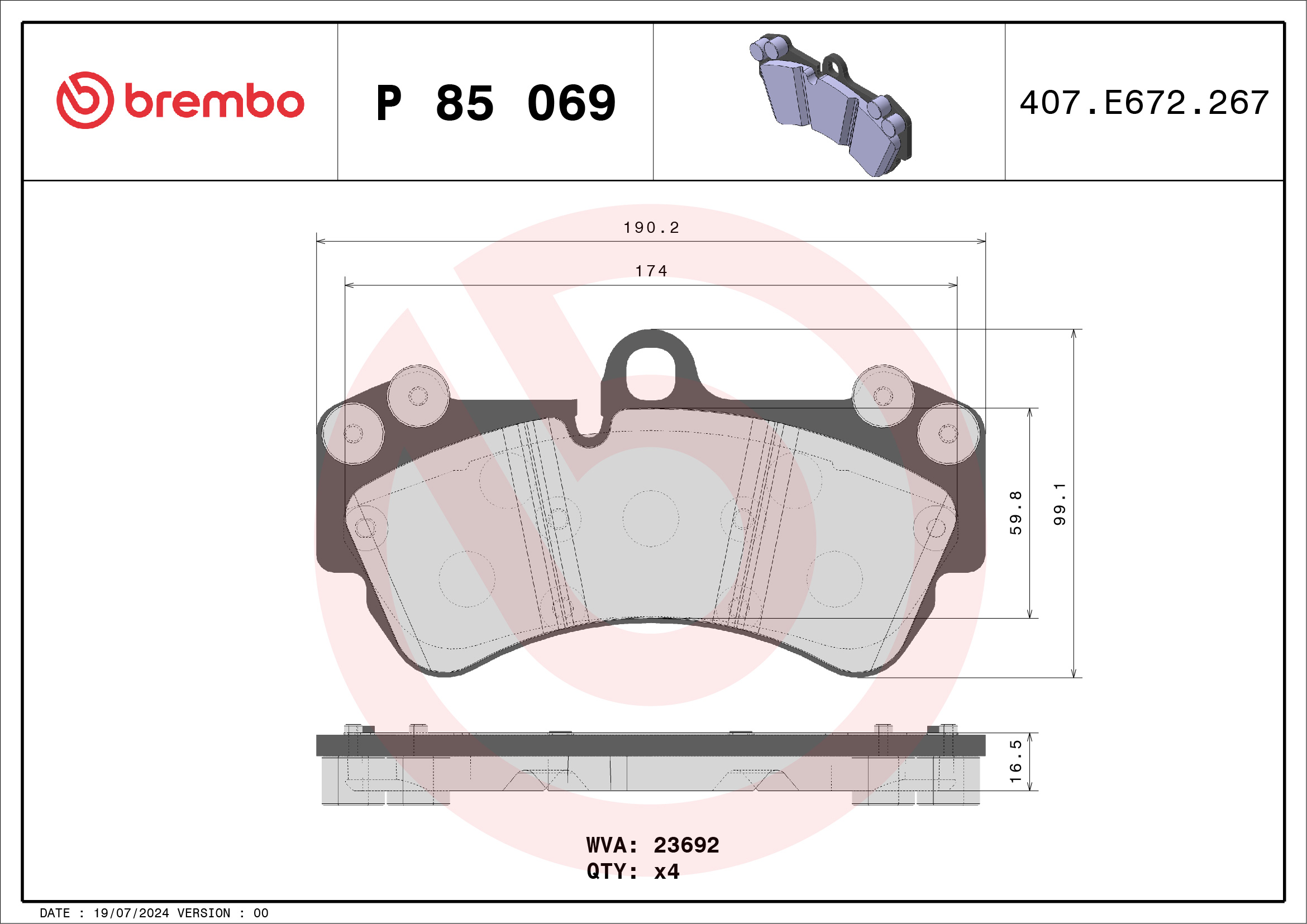 Brake Pad Set, disc brake - P 85 069 BREMBO