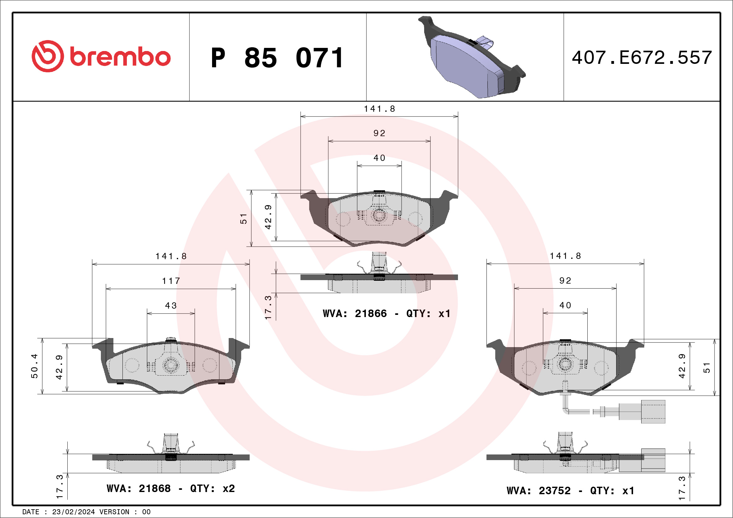Kit pastiglie freno, Freno a disco - P 85 071 BREMBO
