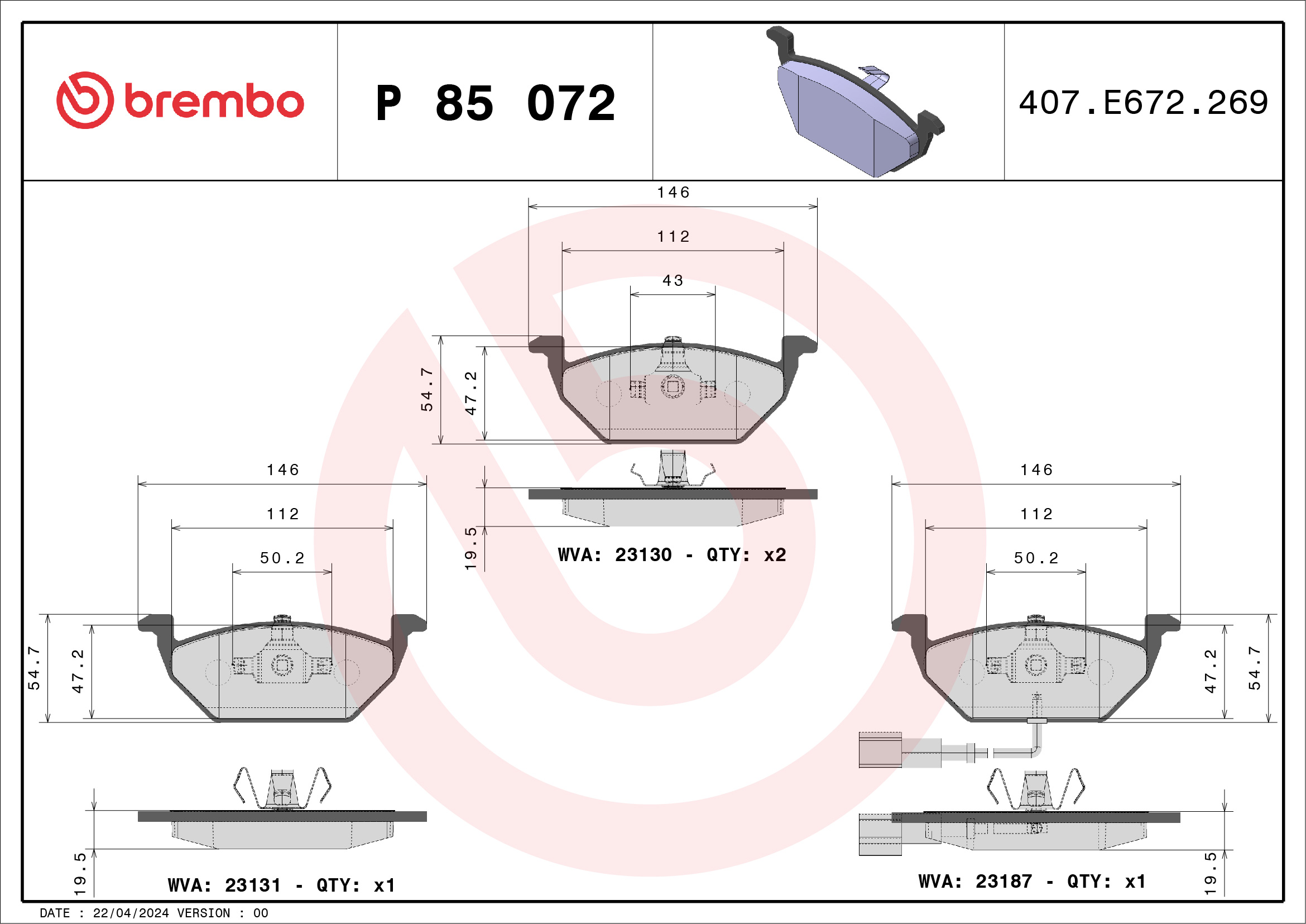 Brake Pad Set, disc brake - P 85 072 BREMBO