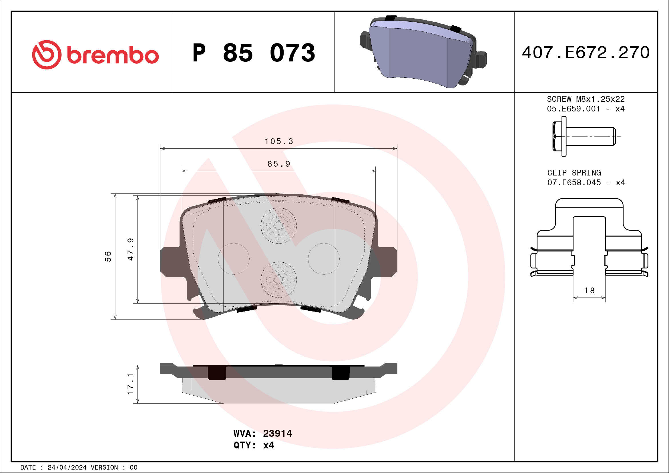 Brake Pad Set, disc brake - P 85 073 BREMBO