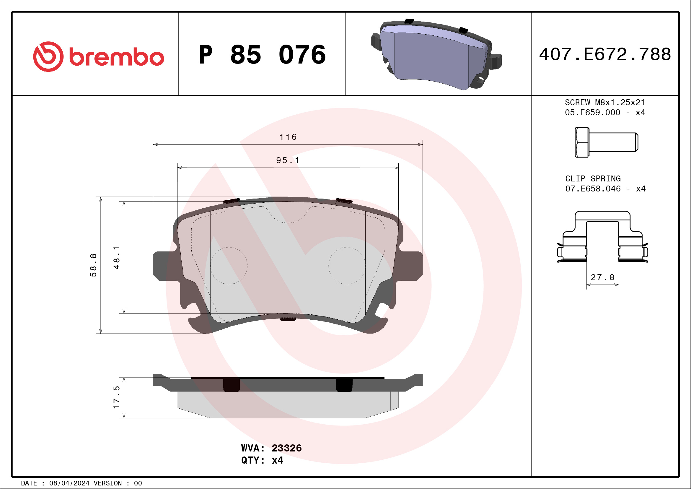Brake Pad Set, disc brake - P 85 076 BREMBO