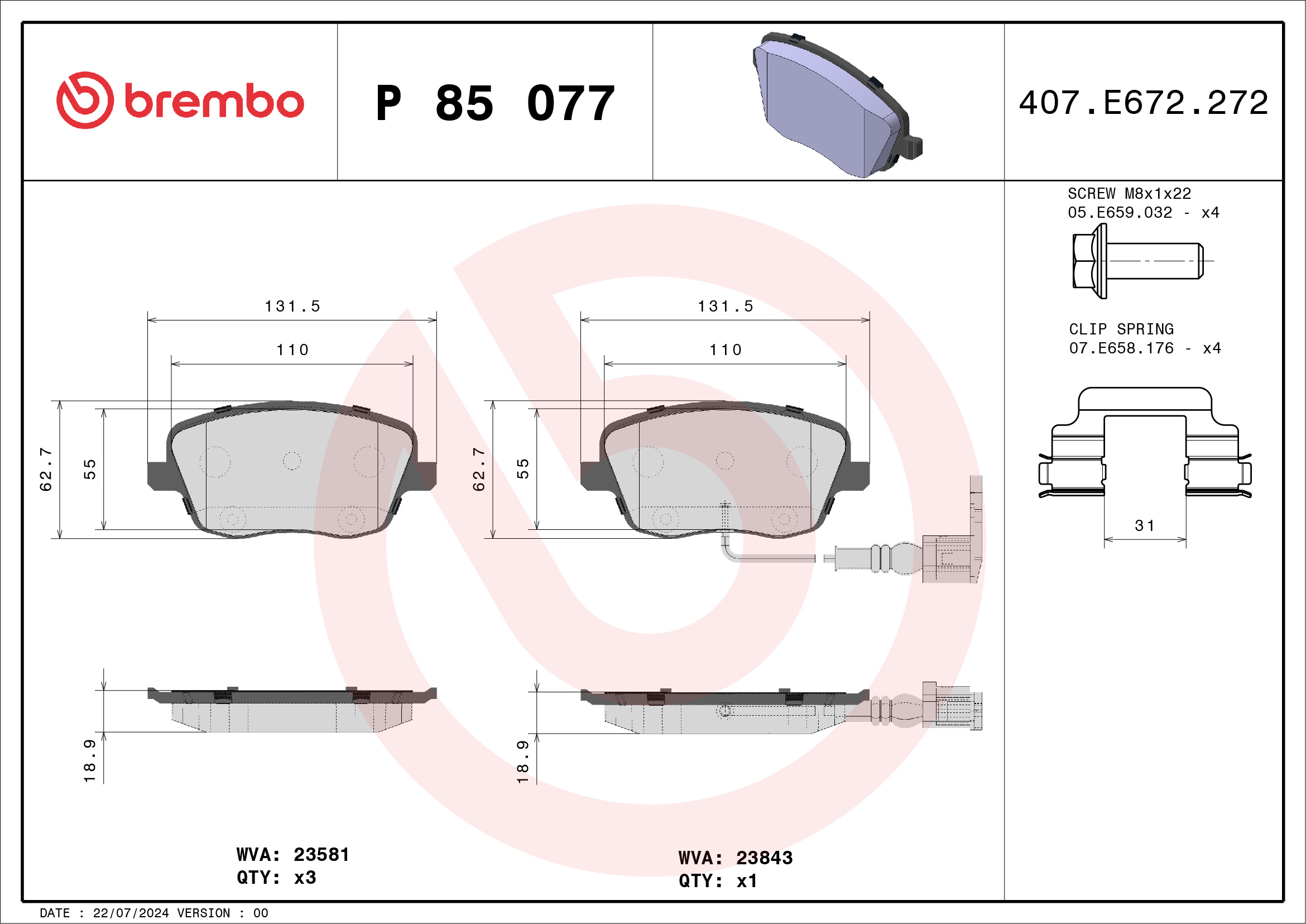 Brake Pad Set, disc brake - P 85 077 BREMBO