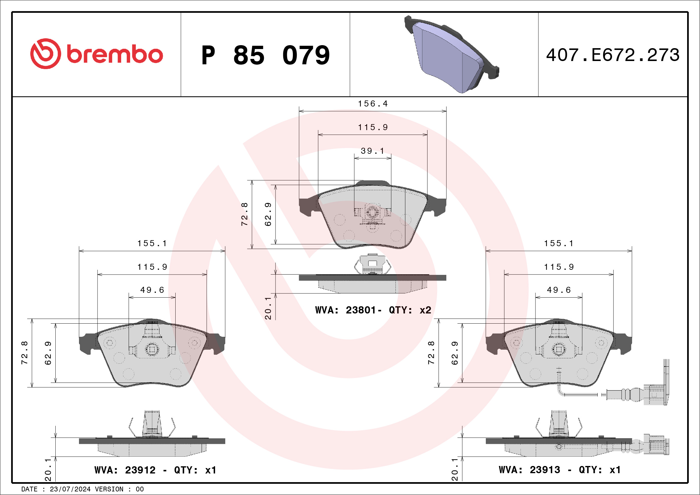 Brake Pad Set, disc brake - P 85 079 BREMBO