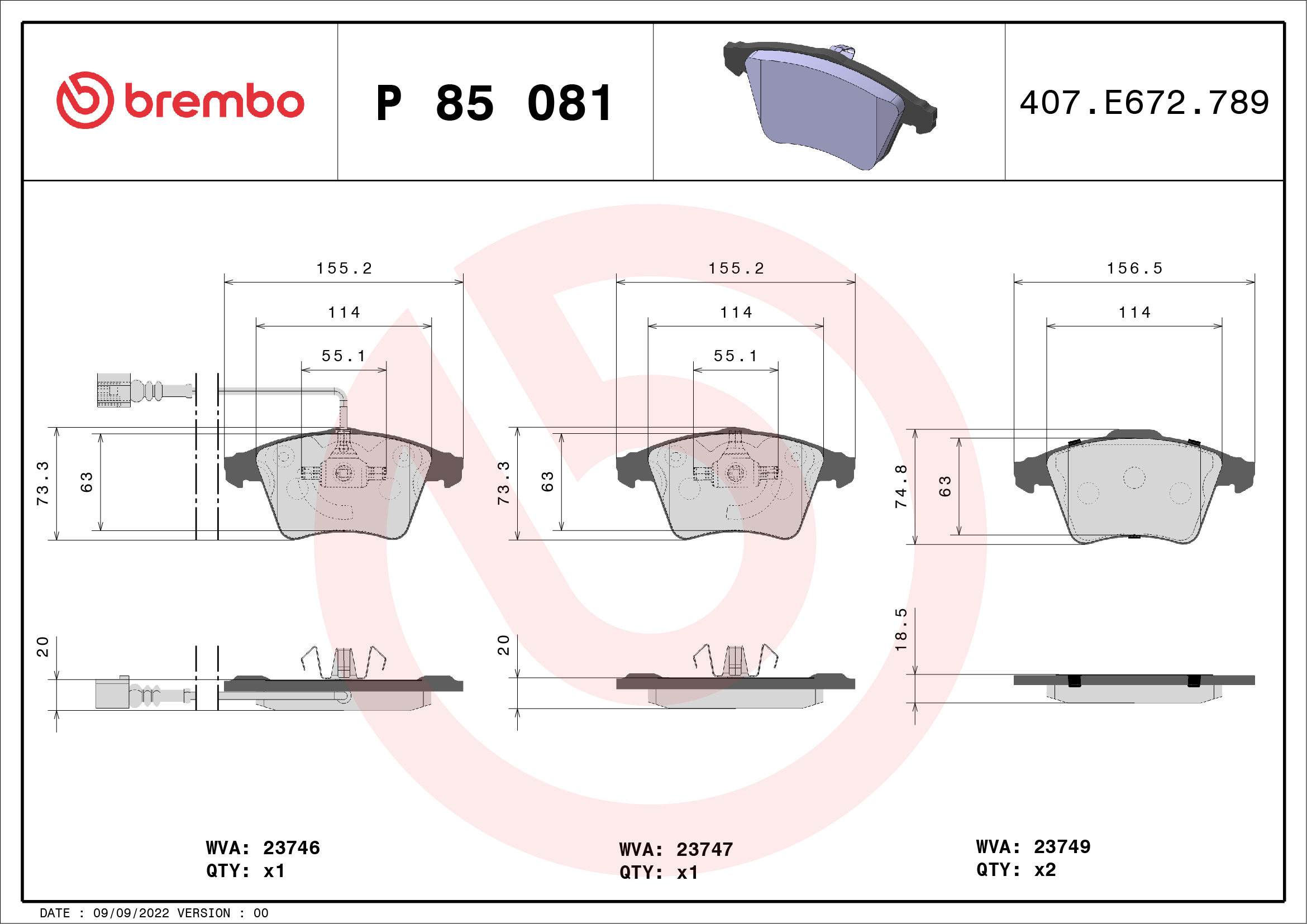 Brake Pad Set, disc brake - P 85 081 BREMBO