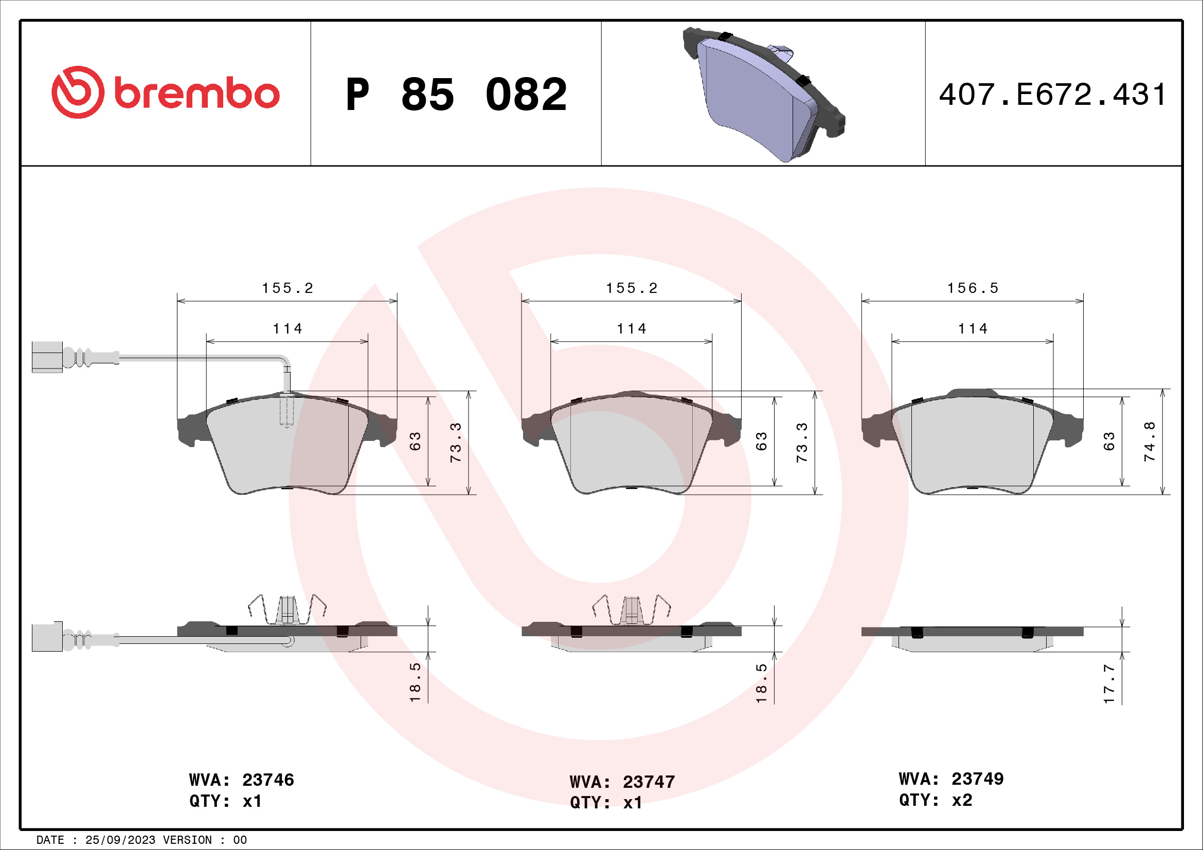Brake Pad Set, disc brake - P 85 082 BREMBO