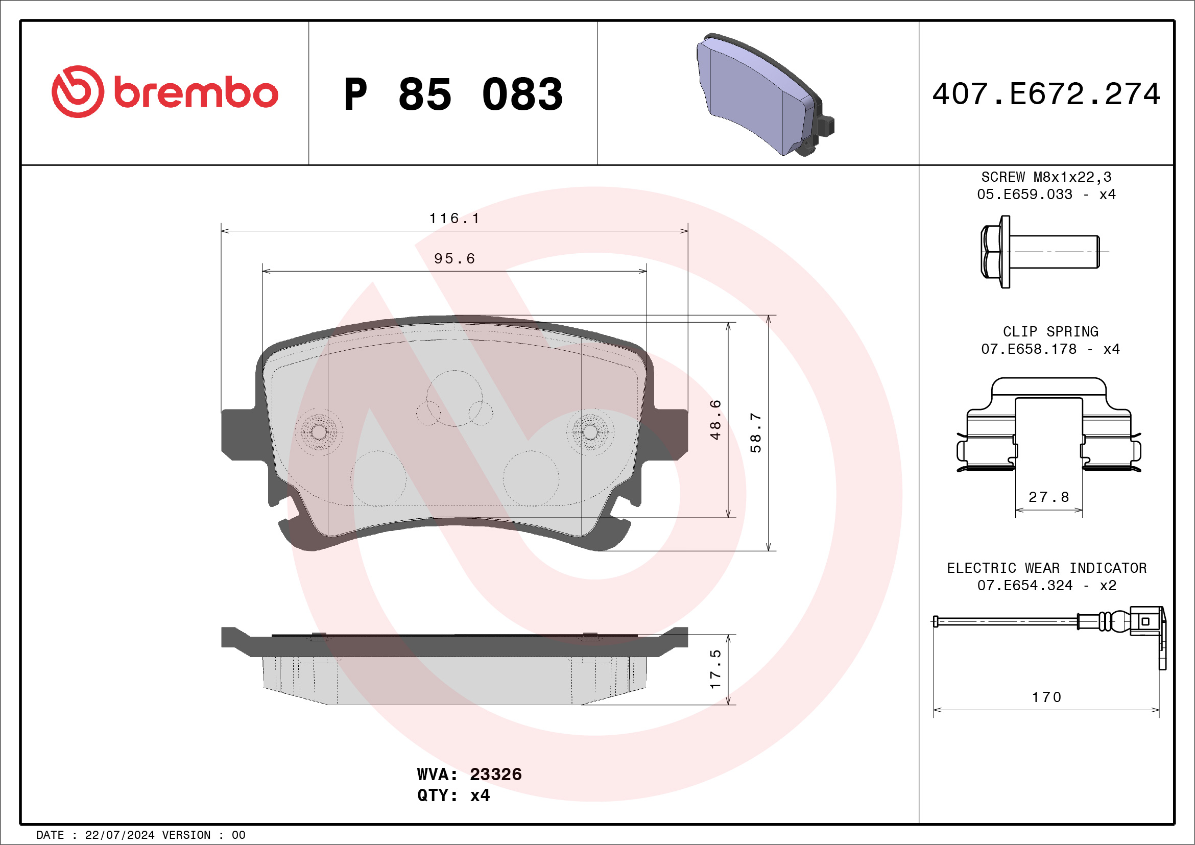 Kit pastiglie freno, Freno a disco - P 85 083 BREMBO