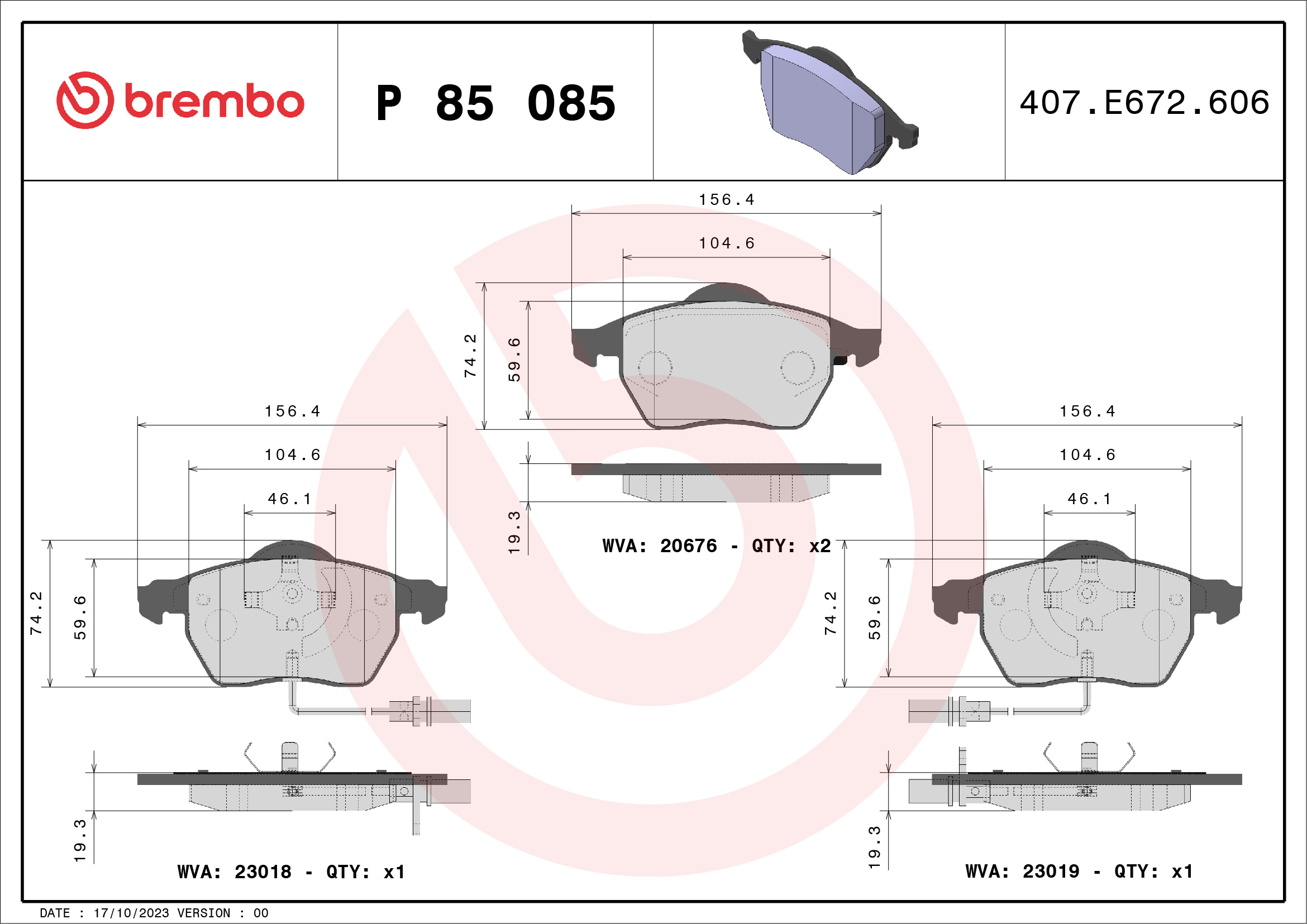 Brake Pad Set, disc brake - P 85 085 BREMBO