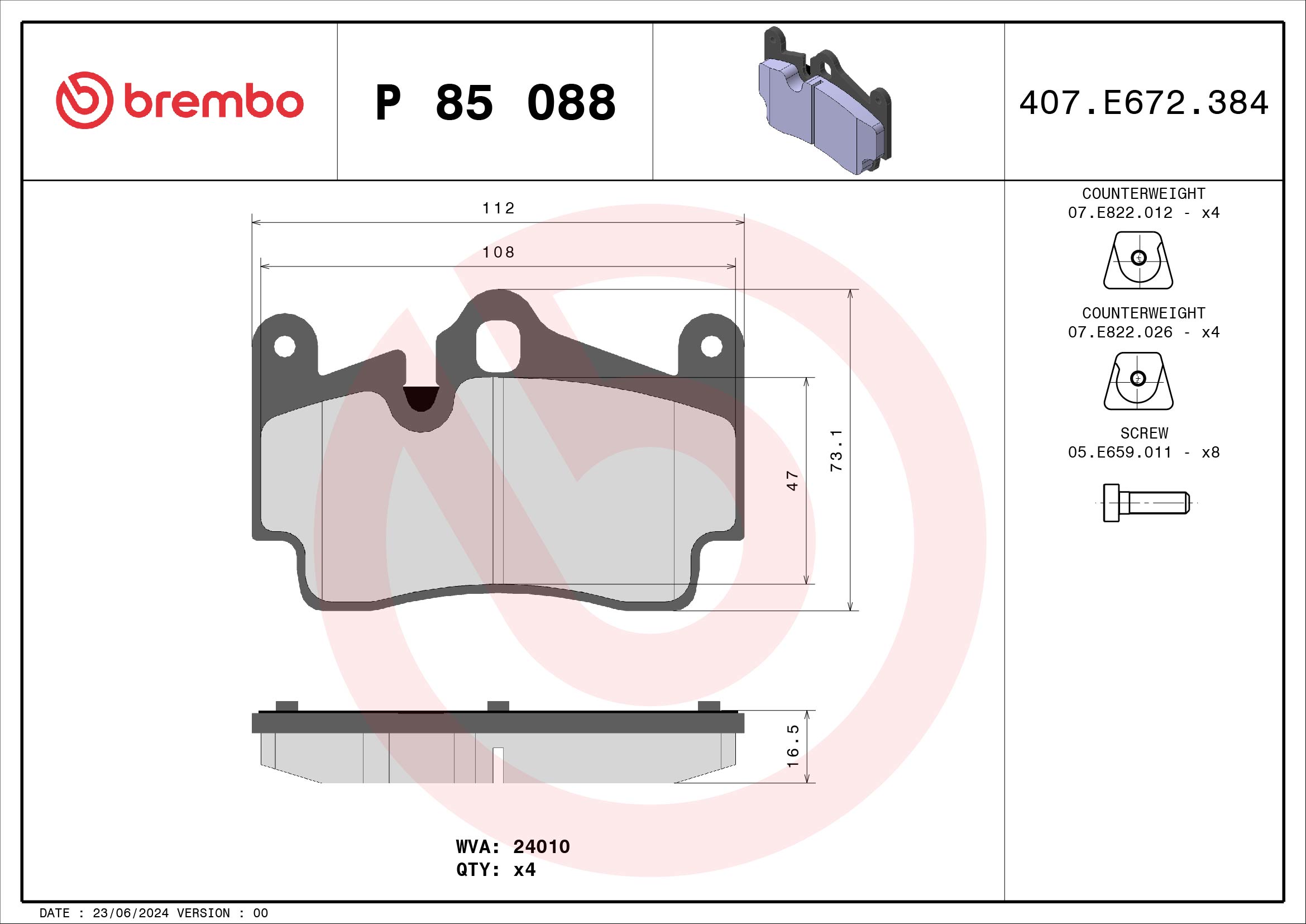 Brake Pad Set, disc brake - P 85 088 BREMBO
