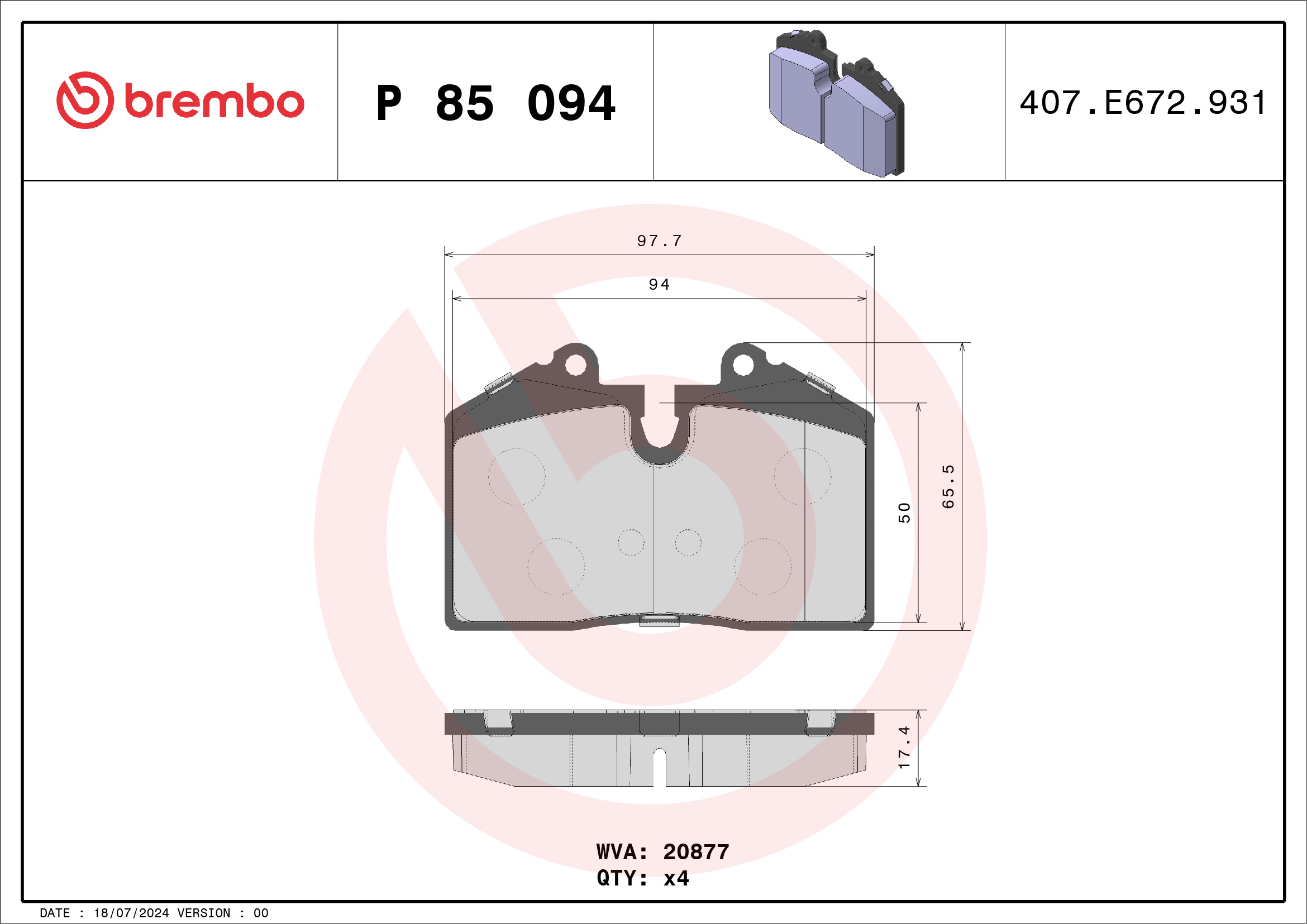 Комплект тормозных колодок, дисковый тормоз - P 85 094 BREMBO