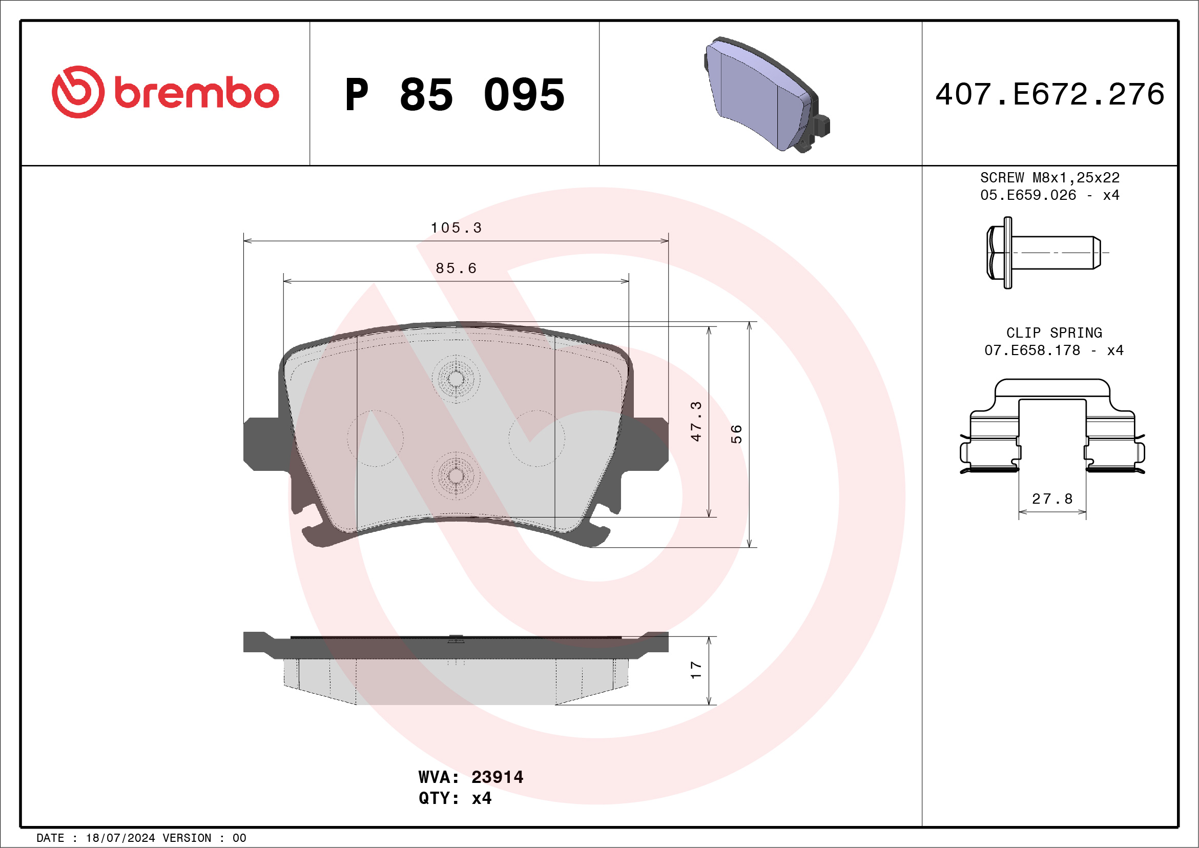 Brake Pad Set, disc brake - P 85 095X BREMBO