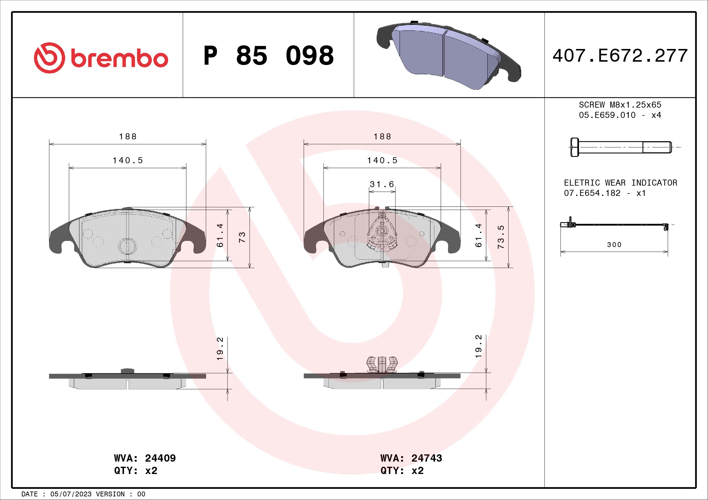 Brake Pad Set, disc brake - P 85 098 BREMBO