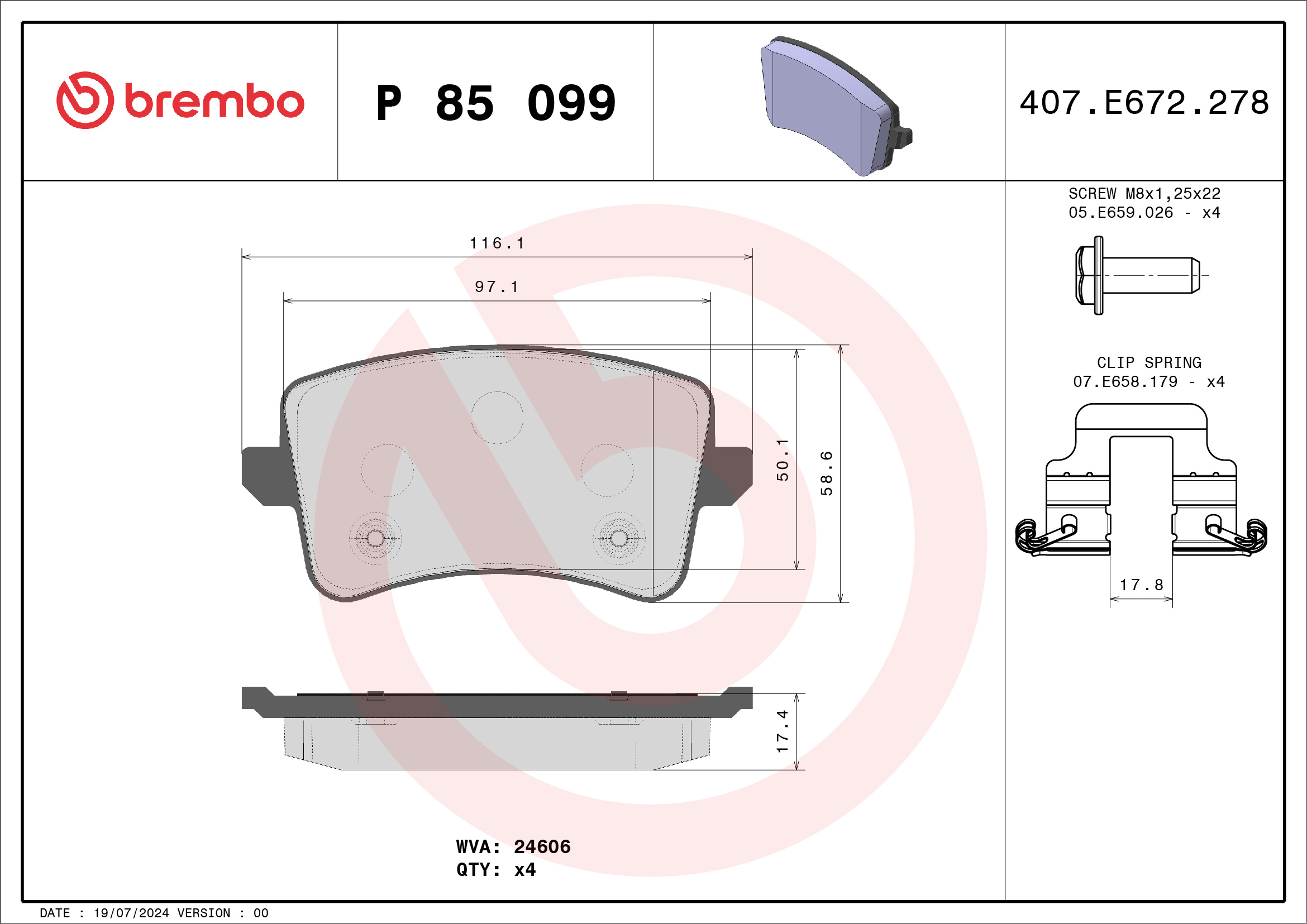 stabdžių trinkelių rinkinys, diskinis stabdys - P 85 099 BREMBO