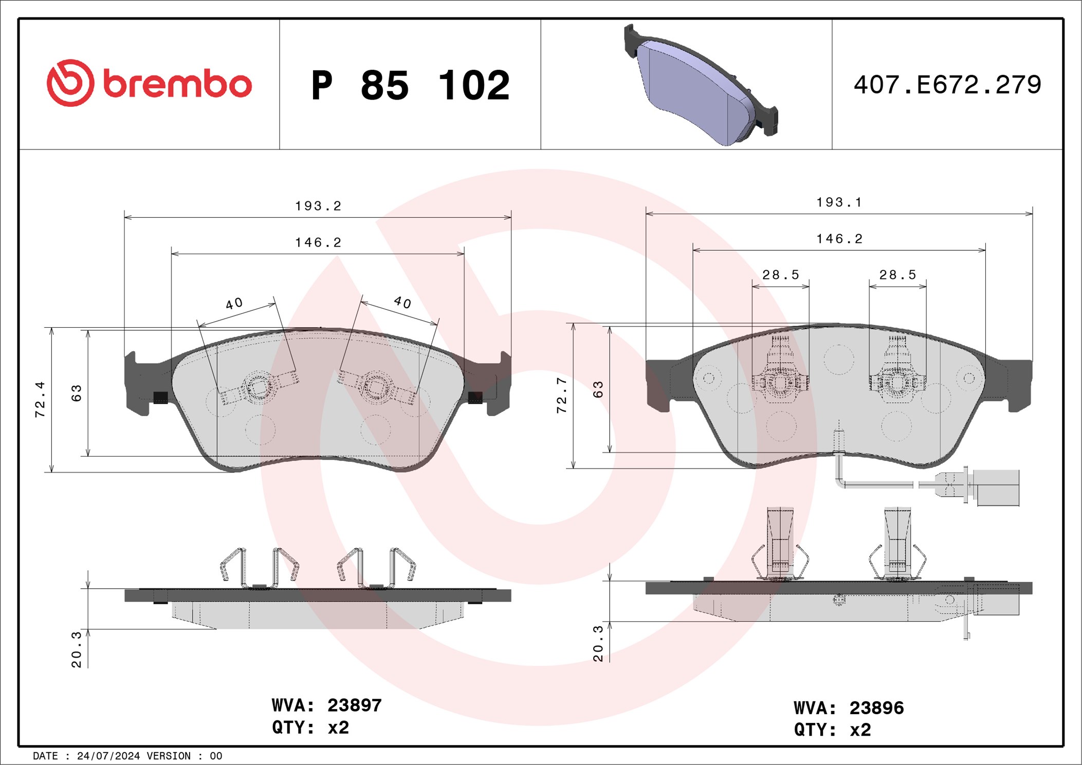 Brake Pad Set, disc brake - P 85 102 BREMBO