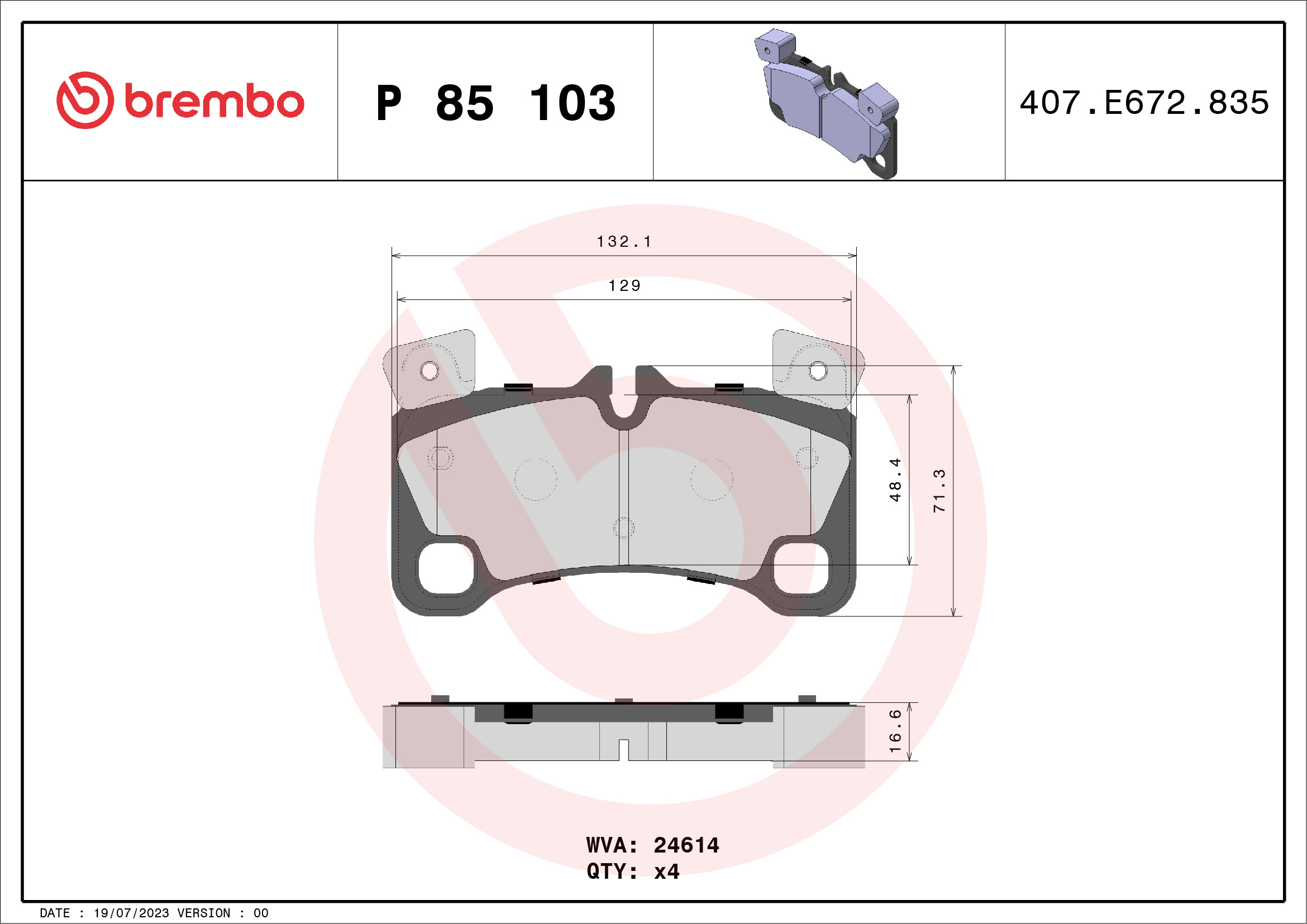 Brake Pad Set, disc brake - P 85 103 BREMBO