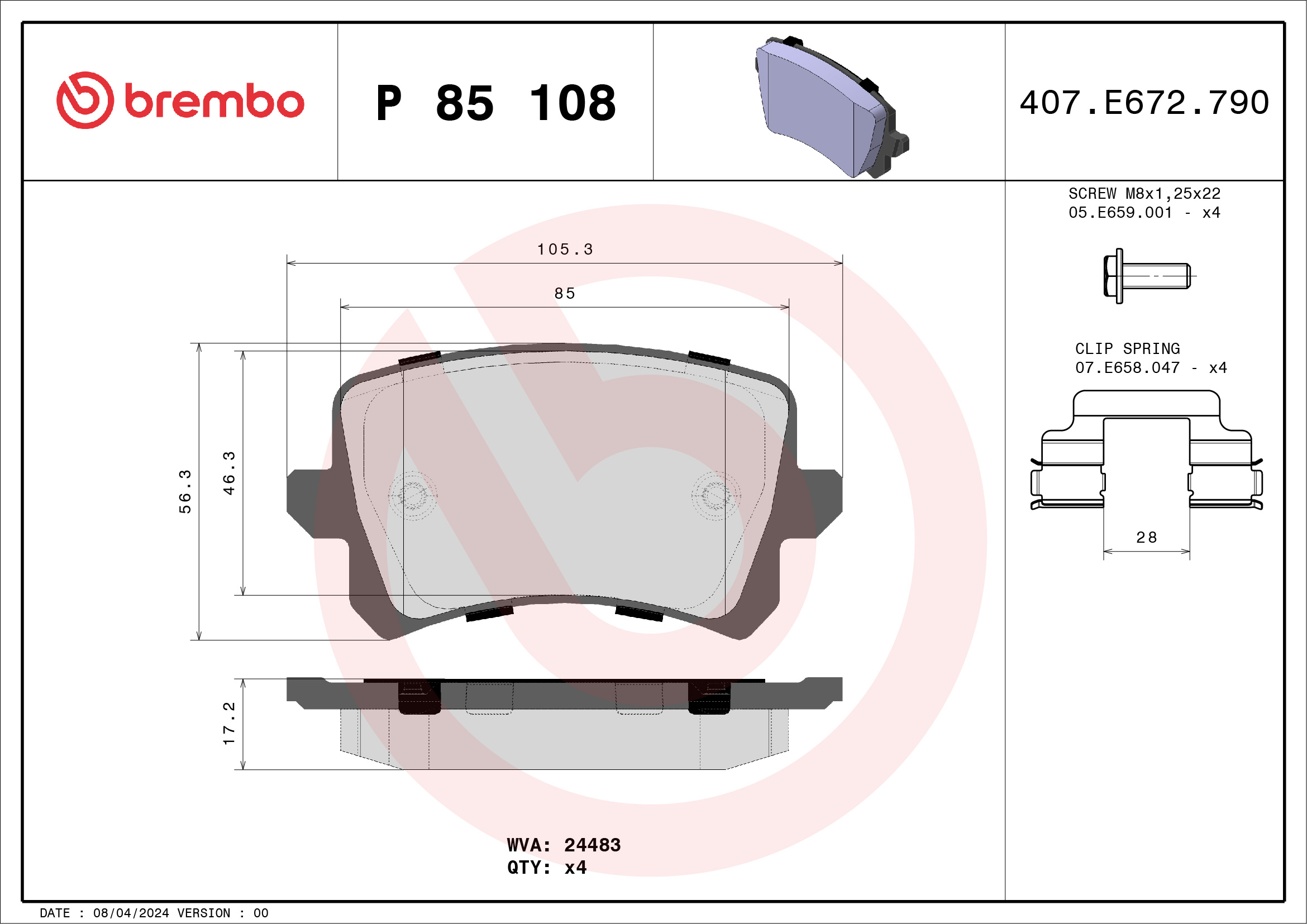 Brake Pad Set, disc brake - P 85 108 BREMBO