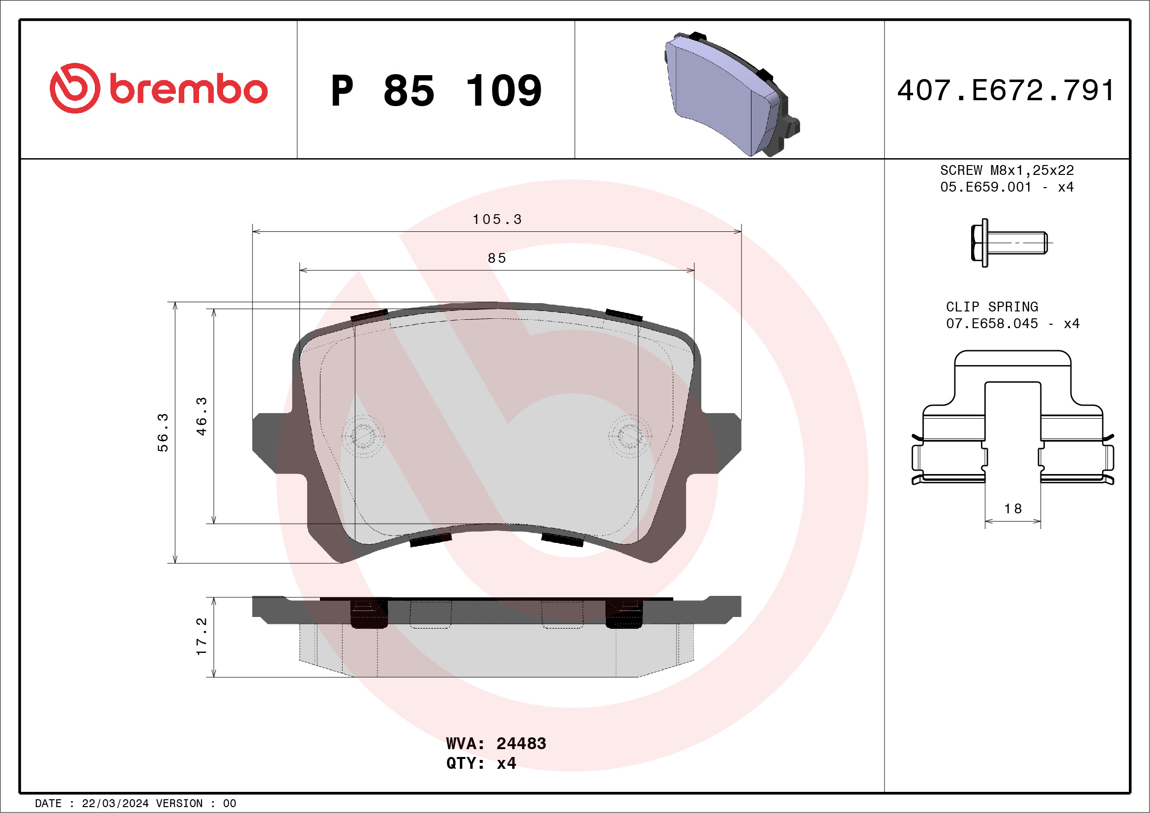 Brake Pad Set, disc brake - P 85 109 BREMBO