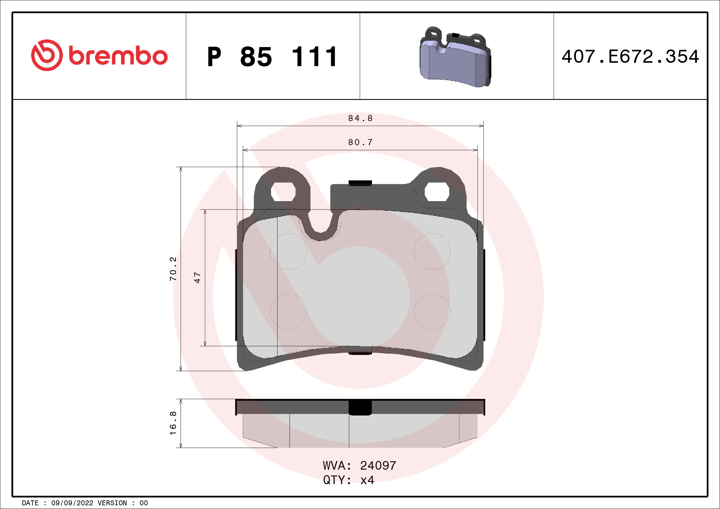 Brake Pad Set, disc brake - P 85 111 BREMBO