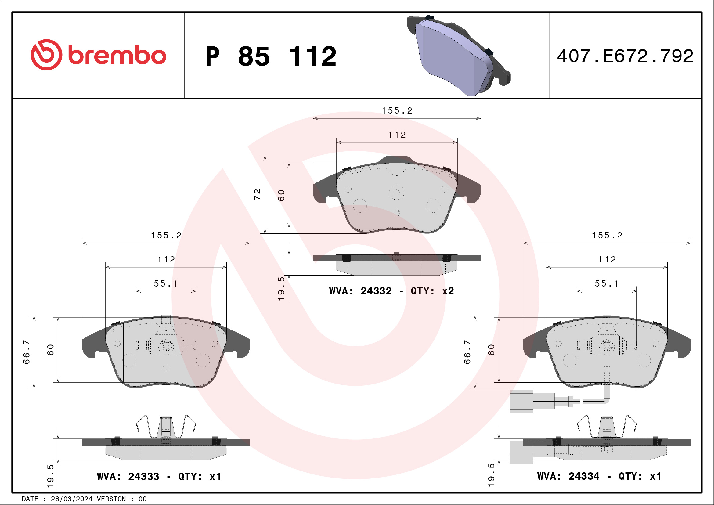 Kit pastiglie freno, Freno a disco - P 85 112 BREMBO