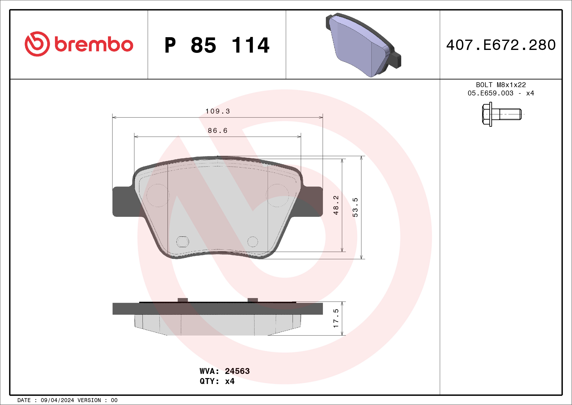 Kit pastiglie freno, Freno a disco - P 85 114 BREMBO